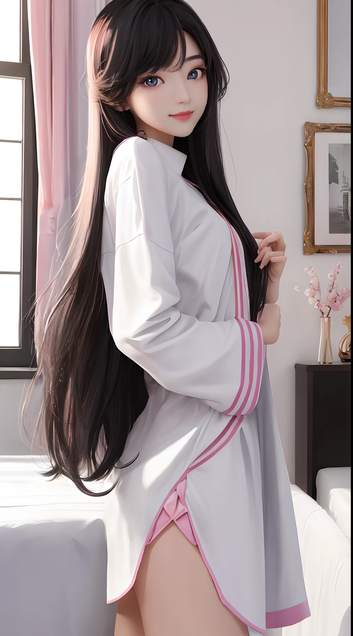 (masterpiece、top-quality)、1 beutiful girl、A smile、Slim body、(Black and white plain clothes:1.1)、(Detailed beautiful eyes)、Bedroom、in a house、Pink longhair、Small face
