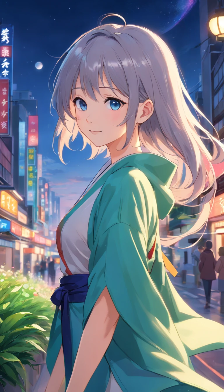 Best quality at best，tmasterpiece，The is very detailed，Face details，8K, detailed back ground，1girll，独奏，Silver hair，eBlue eyes，，long whitr hair，wavey hair，voluminous hair，，，Blushlush，ssmile，Shawl，Chinese city，Chinese service，the night，themoon，scenecy，high place，horizon，ventania，wind blown，flowerbed，looking at viewert