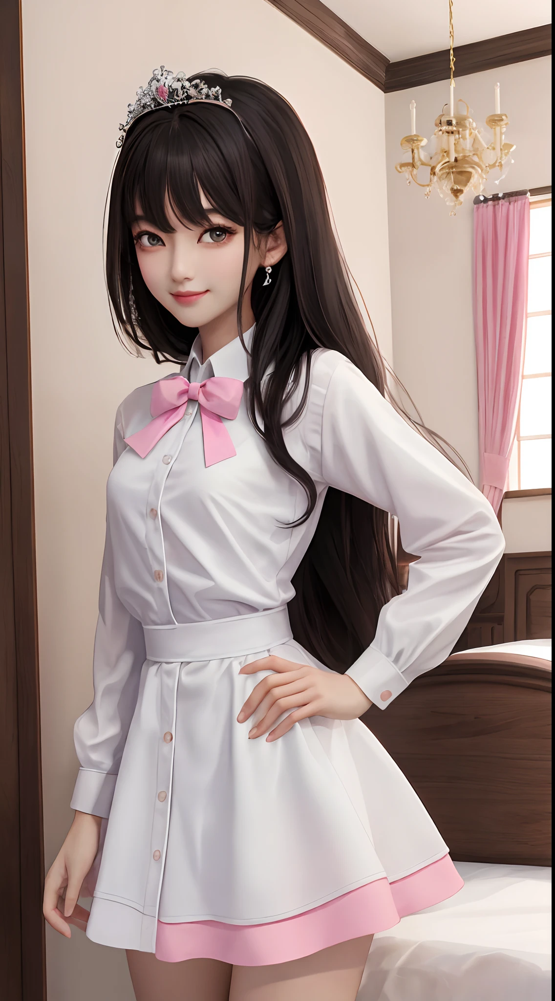 (masterpiece、top-quality)、1 beutiful girl、A smile、Slim body、(Black and white plain clothes:1.1)、(Detailed beautiful eyes)、Bedroom、in a house、Pink longhair、Small face