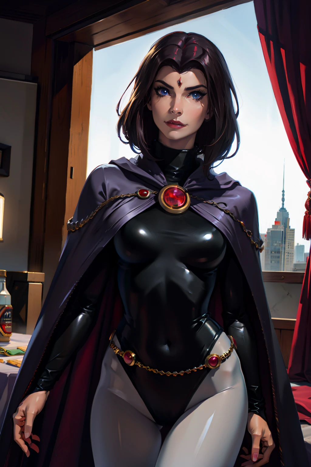 1woman enjinight , beautiful enjinight, sexy woman, RV cowboy shot, hotraven, pale skinned, black leotard, turtleneck, knee tights, cape, glowing eyes, belt, jewelry, medallion, athletic, looking at viewer, night, dark forest , mistborn, mistborn, volumeric lighting, best quality, masterpiece, intricate details, tonemapping, sharp focus, hyper detailed, trending in artstation, realistic