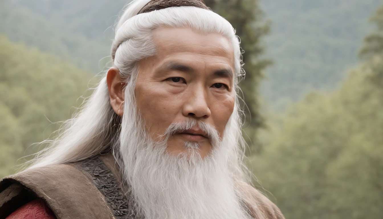 Describe the faces of oriental gods,  Paint a picture of the skin in bronze, bushy、Elongated white beard, long  white hair，The slightly closed deep eyes are full of wisdom, Look into the distance，The overall appearance exudes wisdom and spirituality.The surroundings are misty forests and mountains。