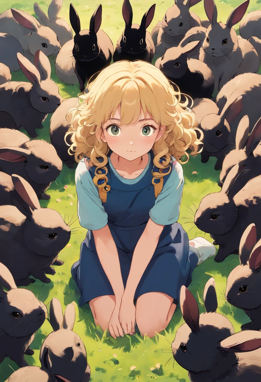 Girl with curly blonde hair，Surrounded by many little black rabbits