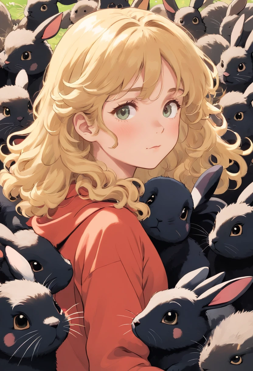 Girl with curly blonde hair,Surrounded by many little black rabbits