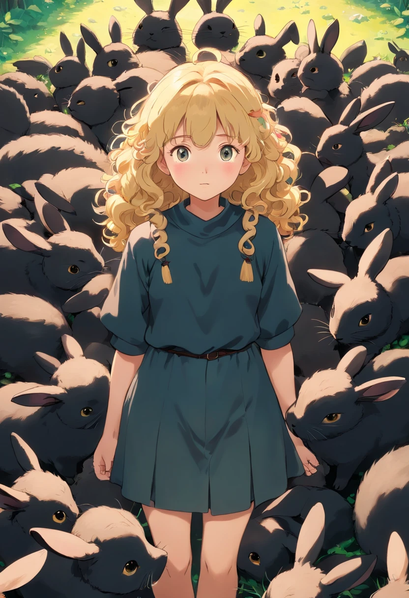 Girl with curly blonde hair,Surrounded by many little black rabbits