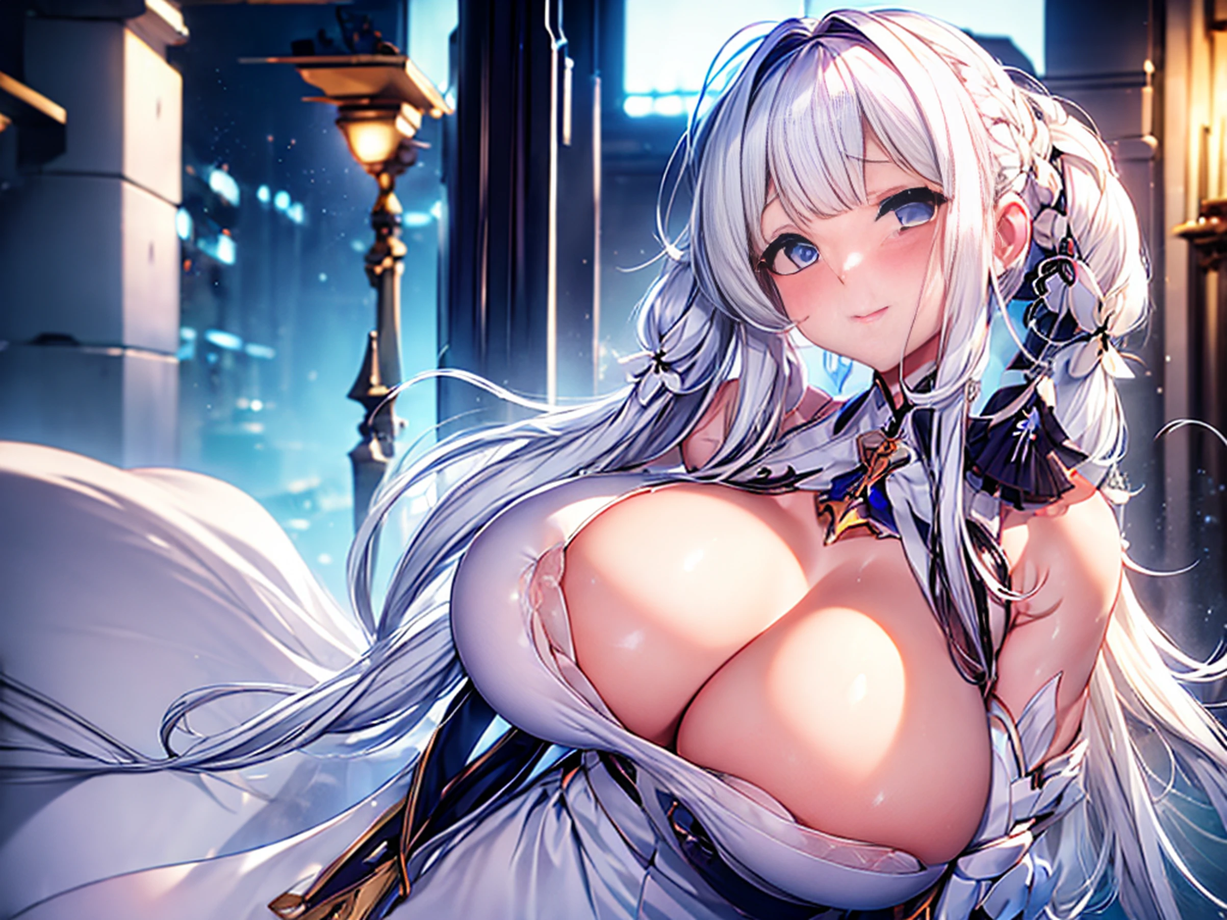 White hair、{{Big breasts that just can't be torn off}}、inside in room、{{soio}}、{{{Illustrious(azur lane)}}}、optic