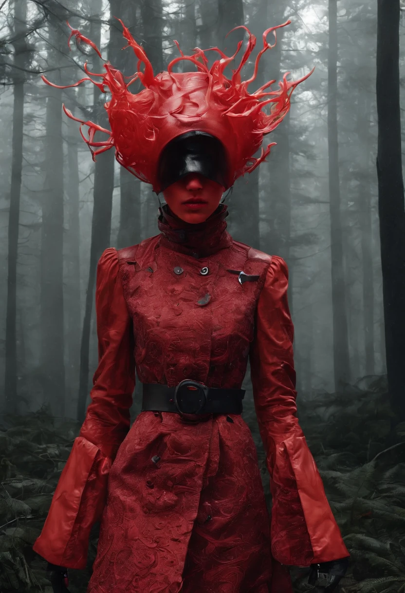 1970 spacepunk, red, motion, surrealist, darkness, dark fantasy, dramatic light, by Aitor Throup, on foggy forest