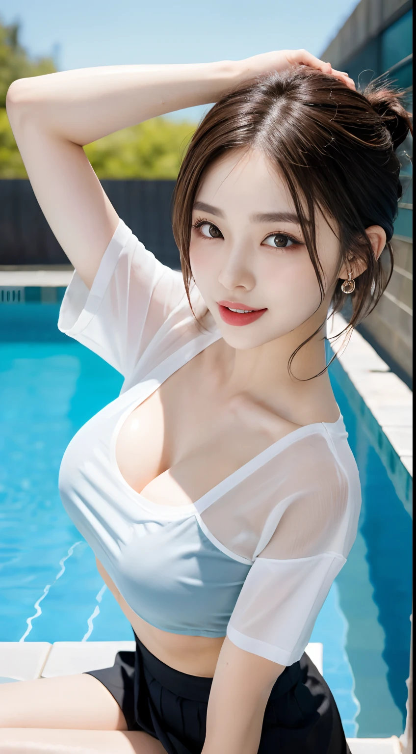 8K RAW photos, high resolution, 19-year-old Korean, big round breasts, cleavage, trained abs, super cropped length T-shirt, skirt, eyes beautiful in detail, long eyelashes, beautiful double eyelids, eye shadow, slit eyes, elongated eye shape, Sanpaku eyes, dark eye makeup, evil smile, beautiful thin legs, random short hair, hair tied behind the head, earrings, light brown hair, Poolside, rooftop pool, hands raised and tongue out, wet t-shirt, sheer t-shirt