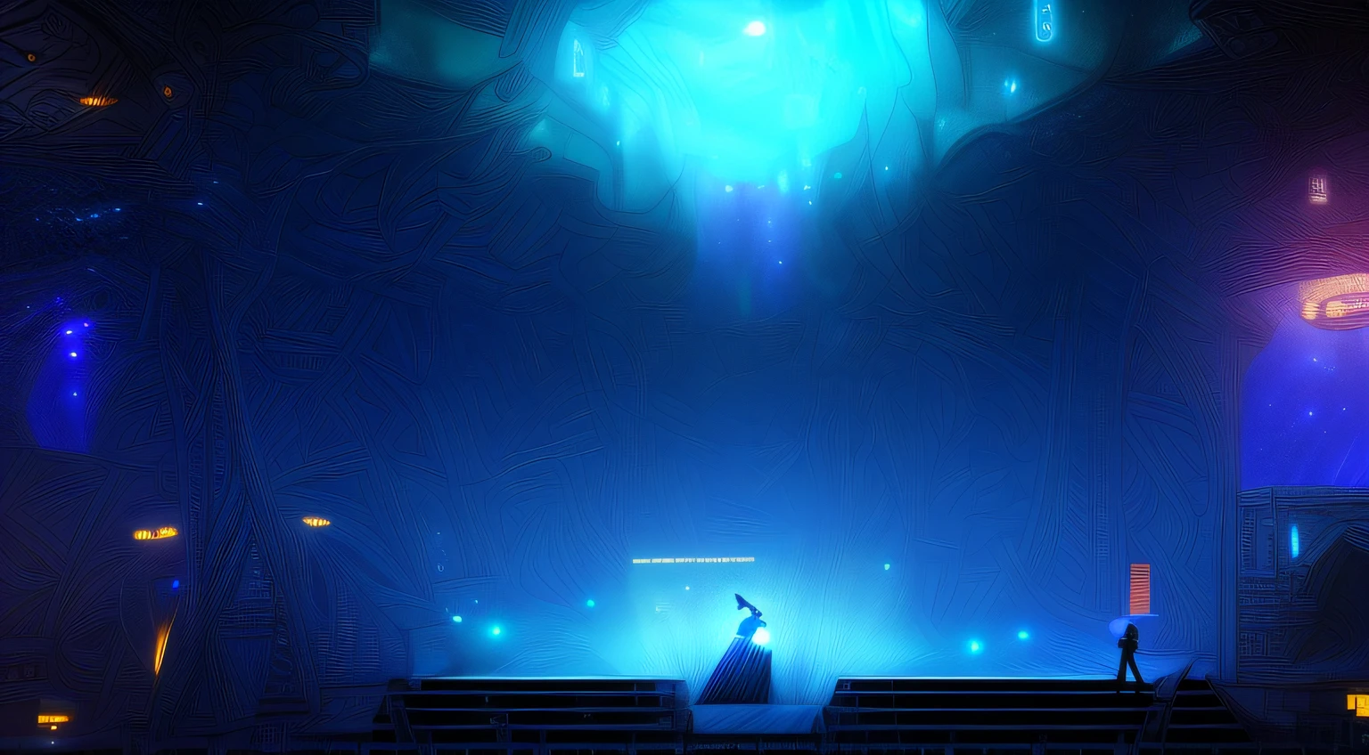 Alavid view of a stage,A man stands in the middle of the stage, epic stunning atmosphere, concept art stunning atmosphere, cyberpunk nightclub, Magical atmosphere + Masterpiece, style hybrid mix of beeple, cinematic blue lighting, Dramatic lighting. concept-art, Cyberpunk temple, movie environment design, Beautiful and cinematic lighting, Gorgeous atmosphere, Solo Performance Unreal Engine, intricate sparkling atmosphere
