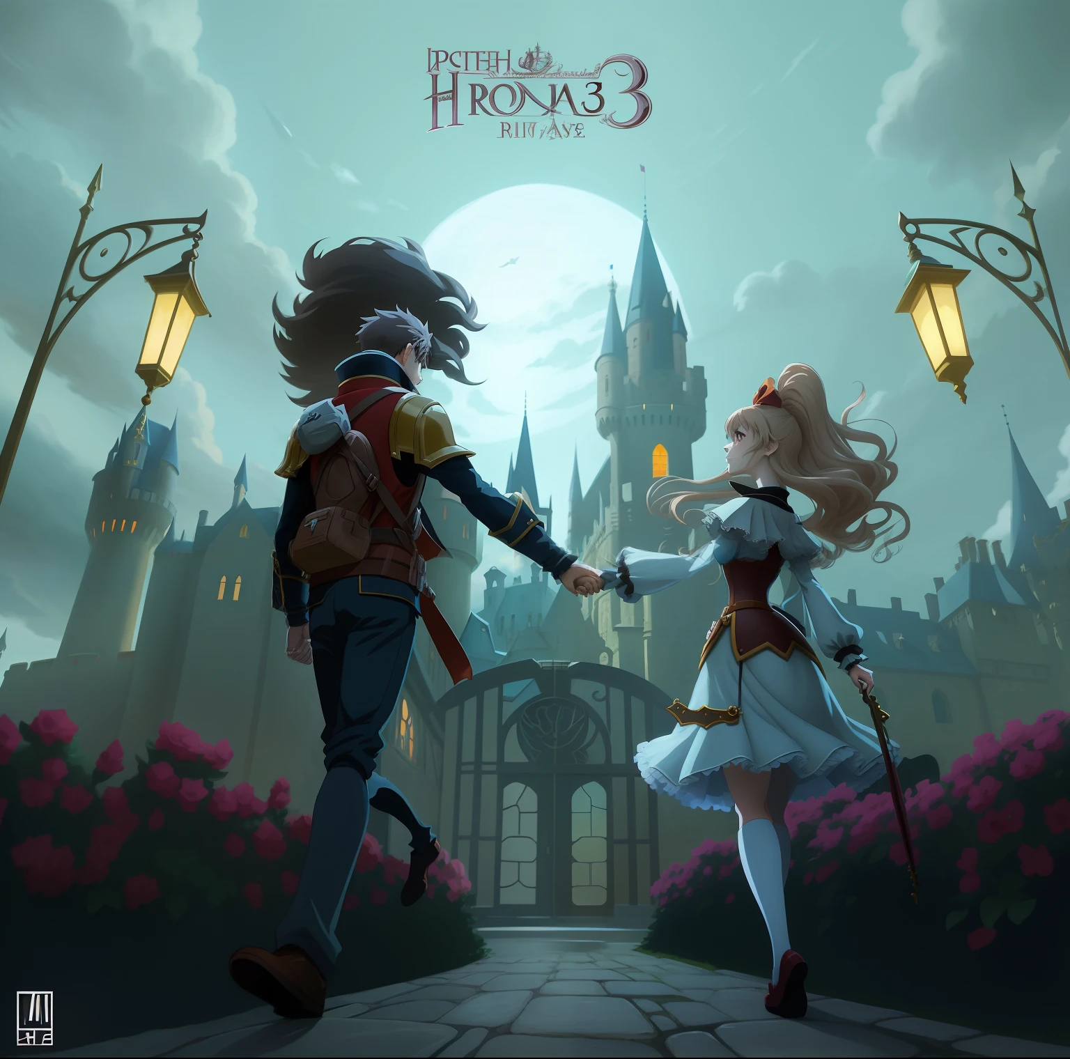Anime style illustration of a couple holding hands in front of a castle, official fanart, Fifth personality, anime, fantasy artwork, Official artwork, Stylized anime, zerochan art, promotional art, pixiv 3dcg, Guviz-style artwork, anime key visual concept, Kawasi, key art,Middle Ages style