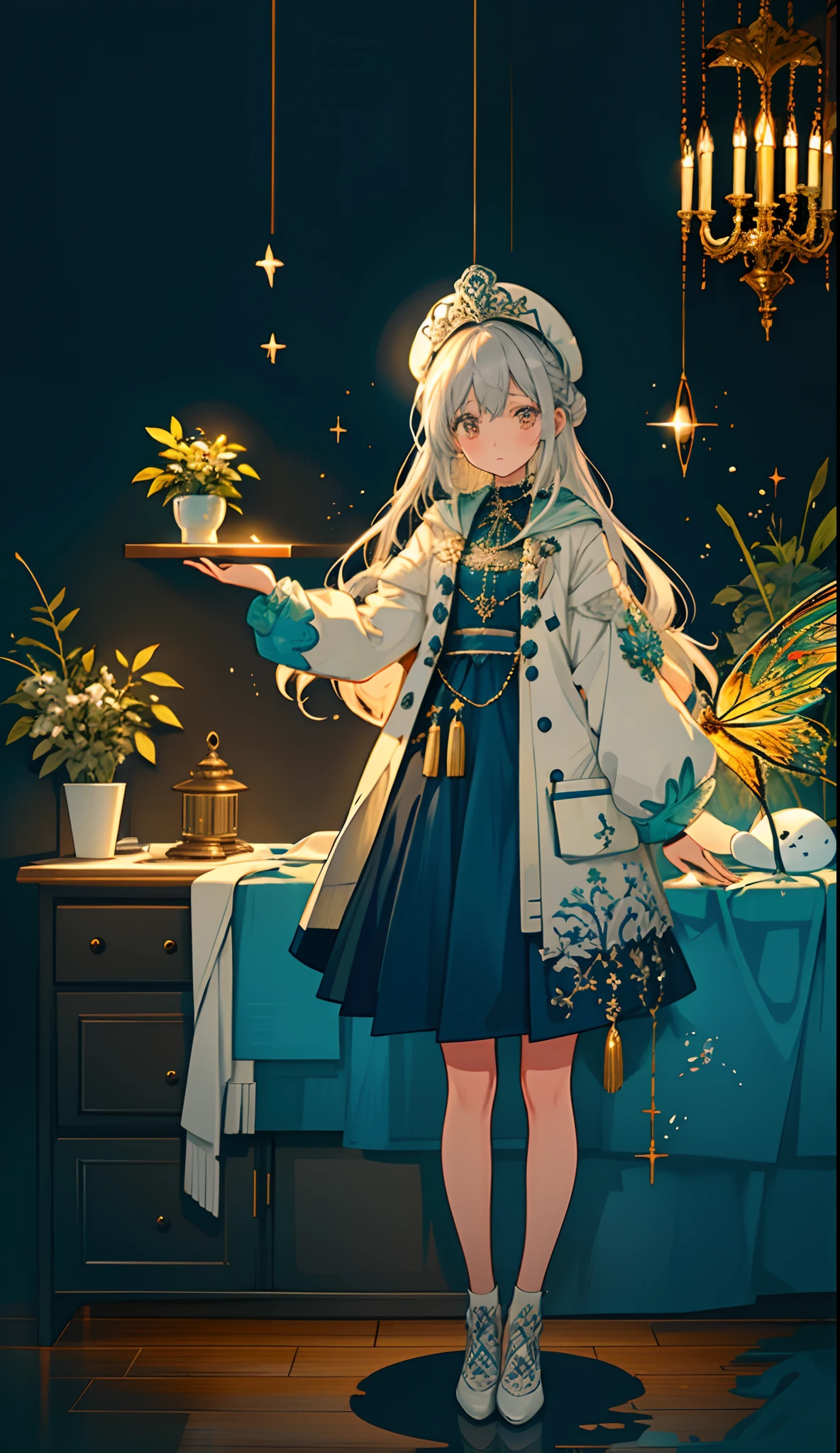 (((Golden, Silver, glimmer)), faerie), limited palette, Contrasty, phenomenal aesthetic, Best Quality, Gorgeous artwork, (masutepiece), (Best Quality), (Ultra-detailed),(((Illustration))), ((extremely delicate and beautiful)),(Detailed light), 1girl in,Cold Theme,Neon Palette Theme,Chaos theme,Red Theme,Ruins, Broken glass, broken walls,Endrese,boss,White background,(1girl in:1.3)Aqua Theme,White hair,flashes,White Dress,Wolf ears,minaret,Closed mouth,Color Edge,constellation,Flat color,Nolin Art,Fish Print, cloud, Paper fish,Full glass ball,Girl in a glass ball,White hair,flashes,White robe,Bust \(sculptures\),minaret,Boken,bookshelf,Closed mouth,Color Edge,constellation,Flat color,Holding,holding wand,Suit jacket,Looking Up,Standing,Male Focus,multicolored hair,Nolin Art,Red hair,Orbital path,water dripping,Dress,Medium Hair,Standing,Solo,spaces,universe,Inside the glass sphere,Star Wand,Plush Anima,Plush Bunny,stuffed toy,Utaite(singer),Wand 1,White Footwear,White Dress