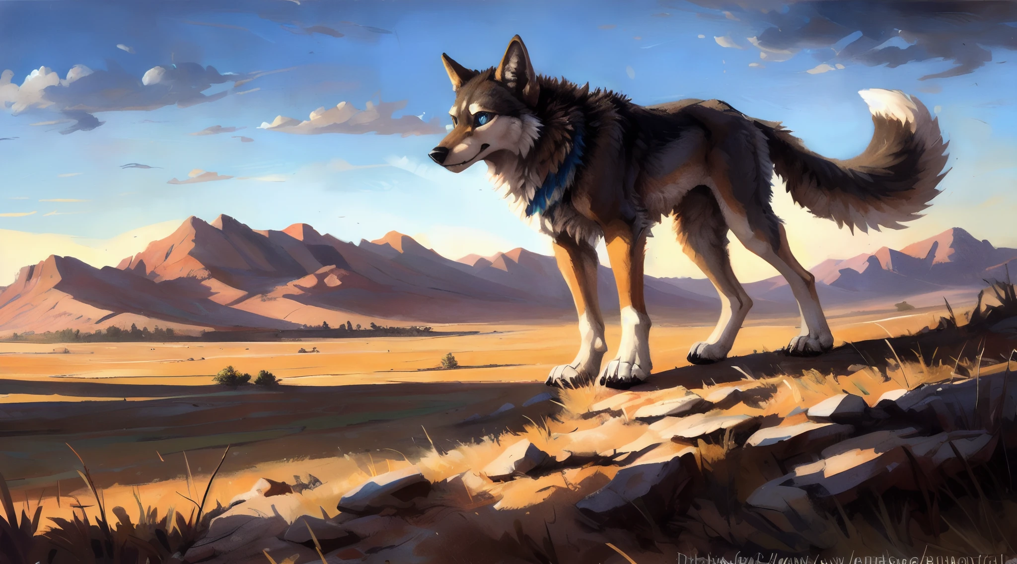((Solo)), male people, coyote, (Multi-colored fur, White-brown:1.3), ((Wolf face, White hair, Big eyes, White eyelids, Blue pupil, Slim:1.2) (Tough, Calm expression:1.2)), Abs, Slim, pinging)), (Correct anatomy), A big tail,Feet,Longer torso,(Realistic fur, Detailed fur texture, labeled:1.3)), (Natural lighting), Photorealistic, Hyperrealistic, ultradetailed, by Kenket,Naked all over the body,Endless grasslands,Walking