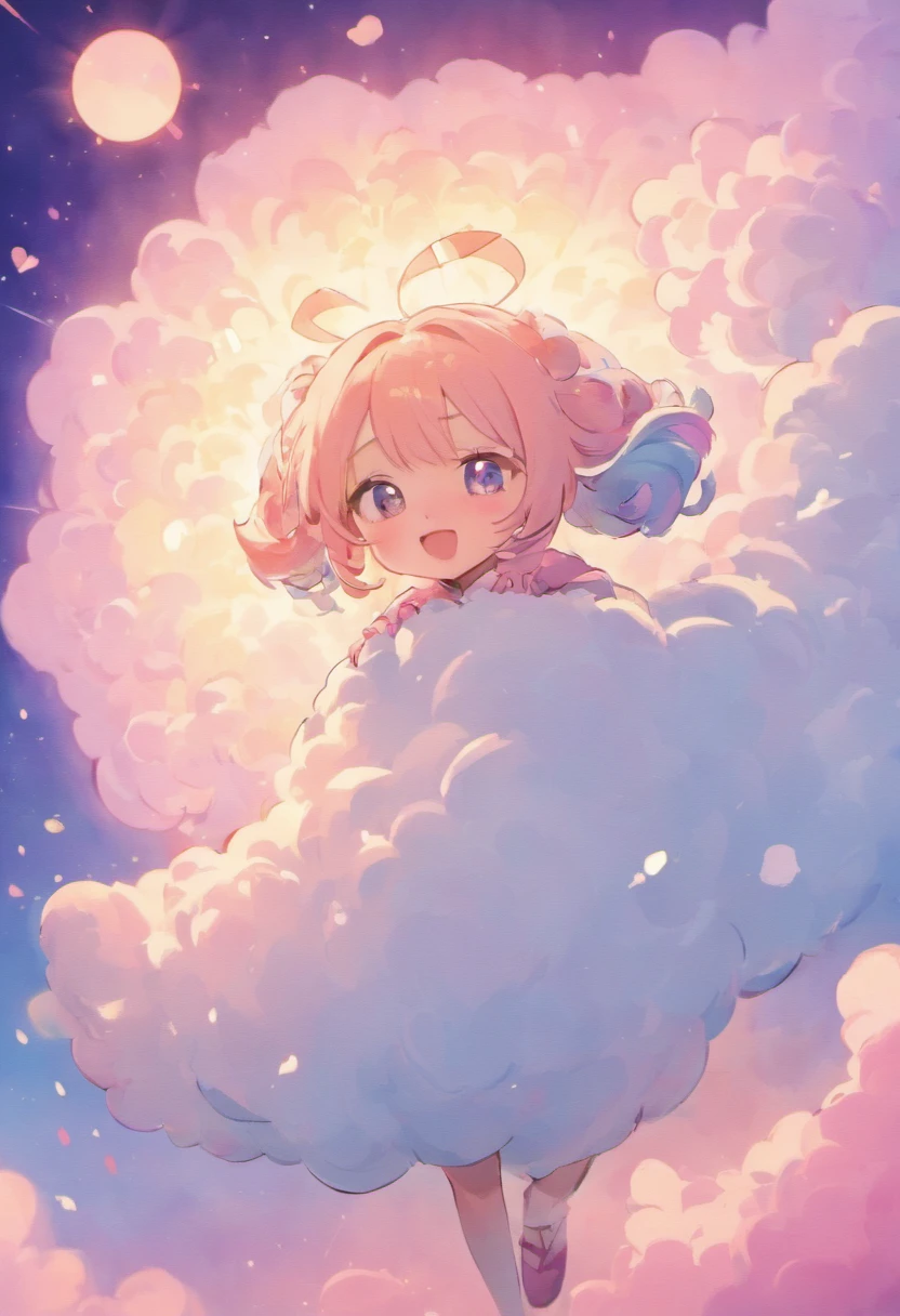 A fluffy sheep，extremely cute，Colored sky as background，Clouds of colorful marshmallows as decoration，Ultimate HD picture quality