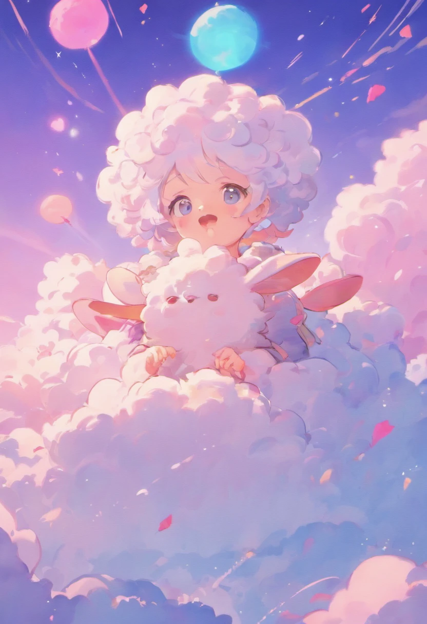A fluffy sheep,extremely cute,Colored sky as background,Clouds of colorful marshmallows as decoration,Ultimate HD picture quality