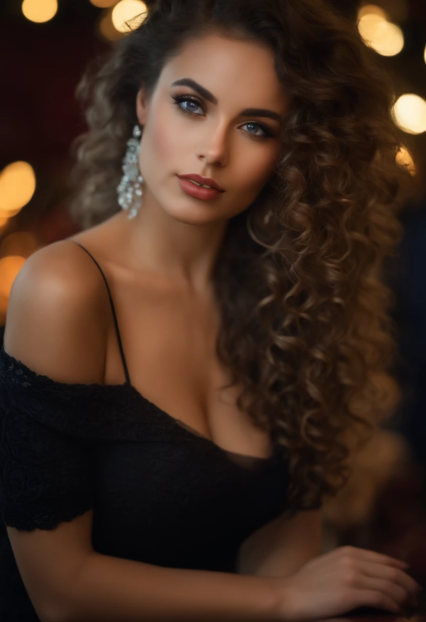 (sharp focus:1.2), photo, attractive young woman, (beautiful face:1.1), detailed eyes, luscious lips, (cat eye makeup:0.85), (large eyes:1.0), (toned body:1.2), (curly hair:1.2), (big booty:1.4), wearing (short dress:1.2) in a (club:1.2). (moody lighting:1.2), depth of field, bokeh, 4K, HDR. by (James C. Christensen:1.2|Jeremy Lipking:1.1).