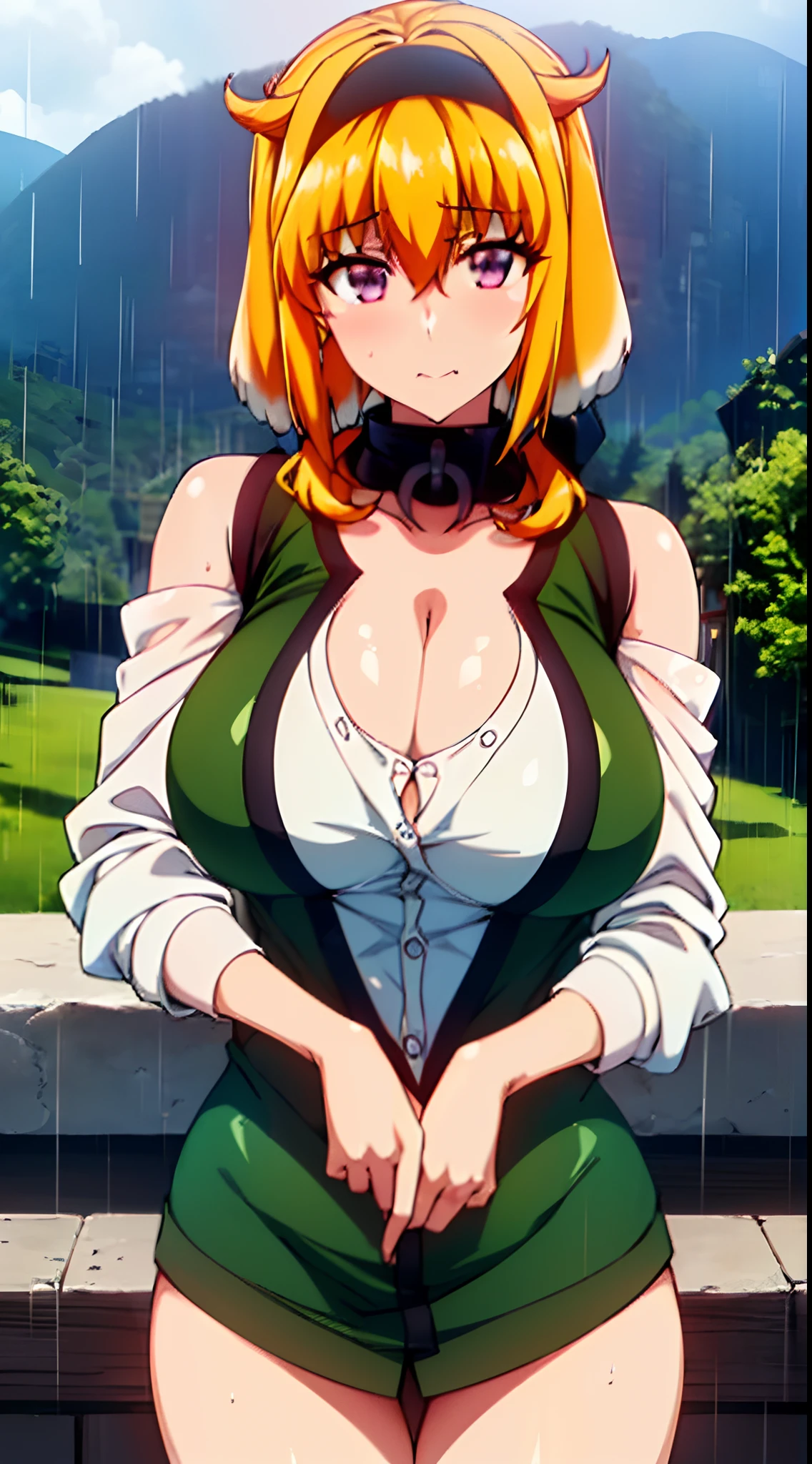 ((Best Quality, 8K, masutepiece: 1.3)), Sharp Focus: 1.2, A beautiful woman with perfect body: 1.4, Slim abdomen: 1.2, ((Layered Haircut, Large breasts: 1.2)), (No bra) (Small and beautiful hard nipple) (Thin and damp button up to shirt length: 1.1), (White shirt wet by rain), (Rain, mountainscape: 1.2), Wet body: 1.1, Highly detailed face and skin texture, Detailed eyes, 二重まぶた, Tanned skin, Sexy, asa, Dark skin, Tanned body, Exposed shoulders, cleavage, Glasses.