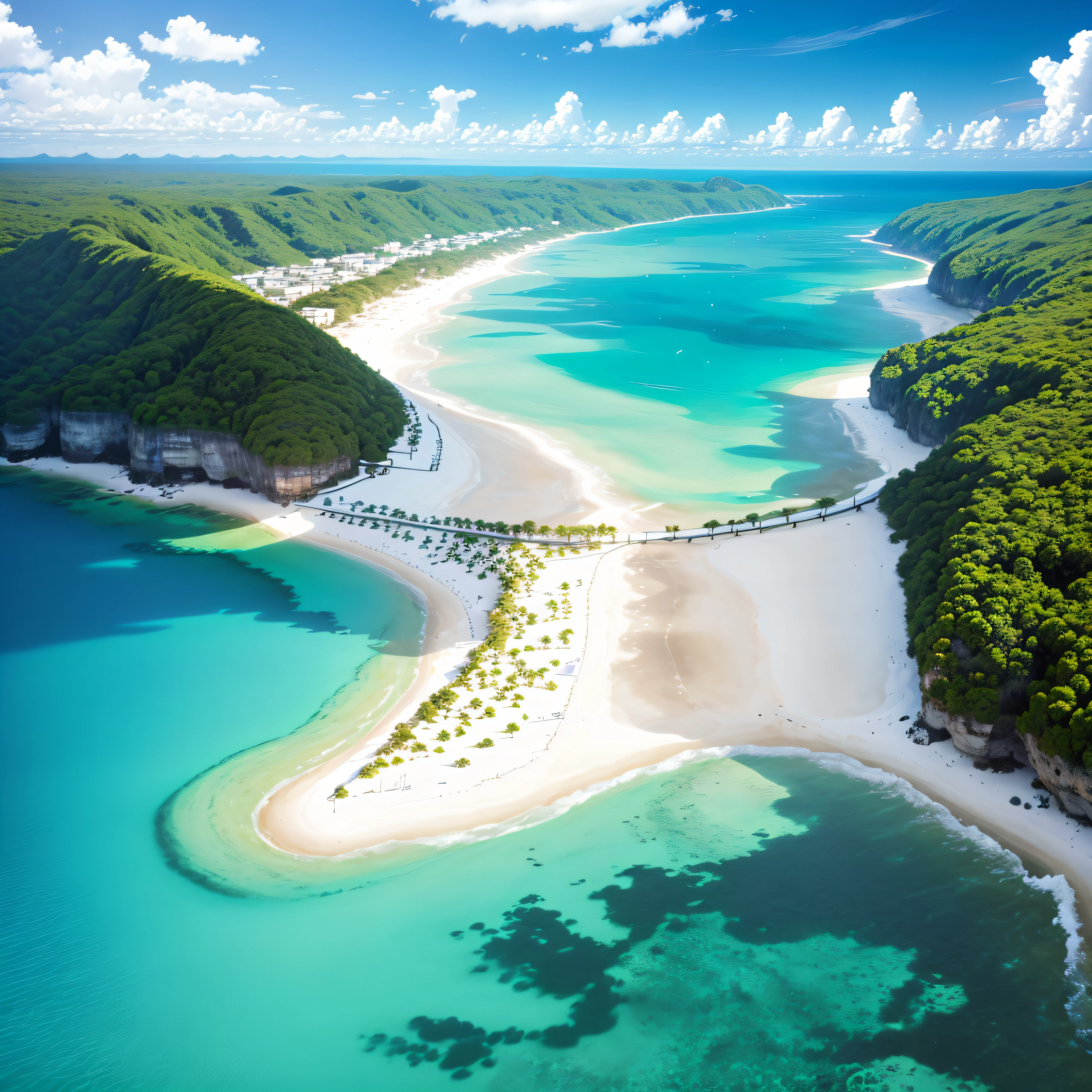 Tropical Beaches:
Palm-fringed beaches with crystal-clear turquoise waters and white sand.