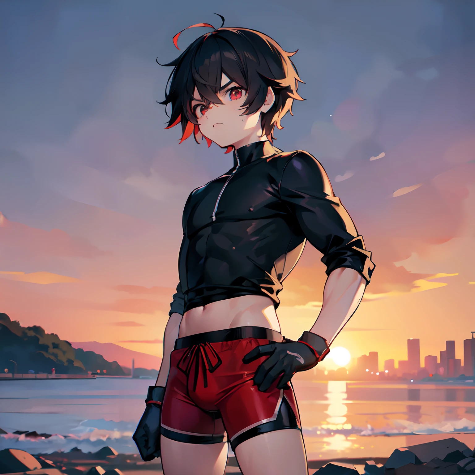 best quality, anime, 1 meninoonagem masculino, adolescente, messy black hair, cabelos pretos, cabelos curtos e volumosos, cabelo espetado, Olhos vermelhos, angry expression, face masculina, long black compression shirt, Camisa Preta, kanji, Red shorts, corpo muscular magro, well-defined muscles, socando, manoplas boxer vermelhas longas, boxer gloves on hands, pose de luta, fundo de montanha, sun sunset