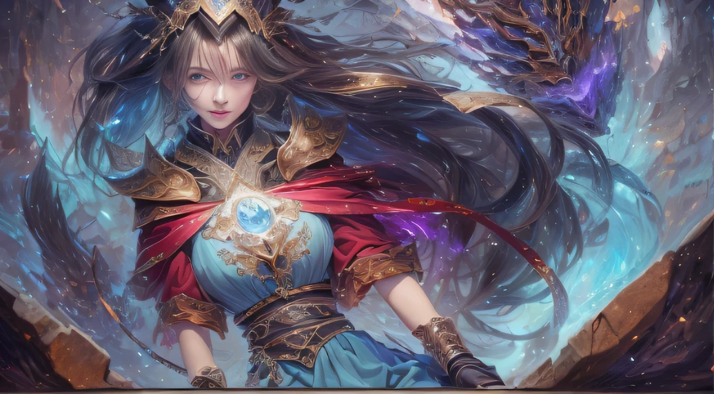8K,复杂,ellegance,highly detailed,A majestic,Digital photography,Autumn cowboy shot,surrealism painting,Broken rubies,Beating magic shield,Entwined water magic,(tmasterpiece,Sideslit,Fine beautiful eyes:1.2),hdr,Void 5 Energy Storm,(ChineseGirl,Black eyes:1.5),paleskin,Glowing skin,(sitting on the stone:1.5),delicated face,Black color hair,Wearing palatial red armor,cropped shoulders,nabel,short skirt,Beautiful light blue armor,Rained,big breasts beautiful,looking at viewert,Face away from the camera,tmasterpiece,The upper part of the body,
