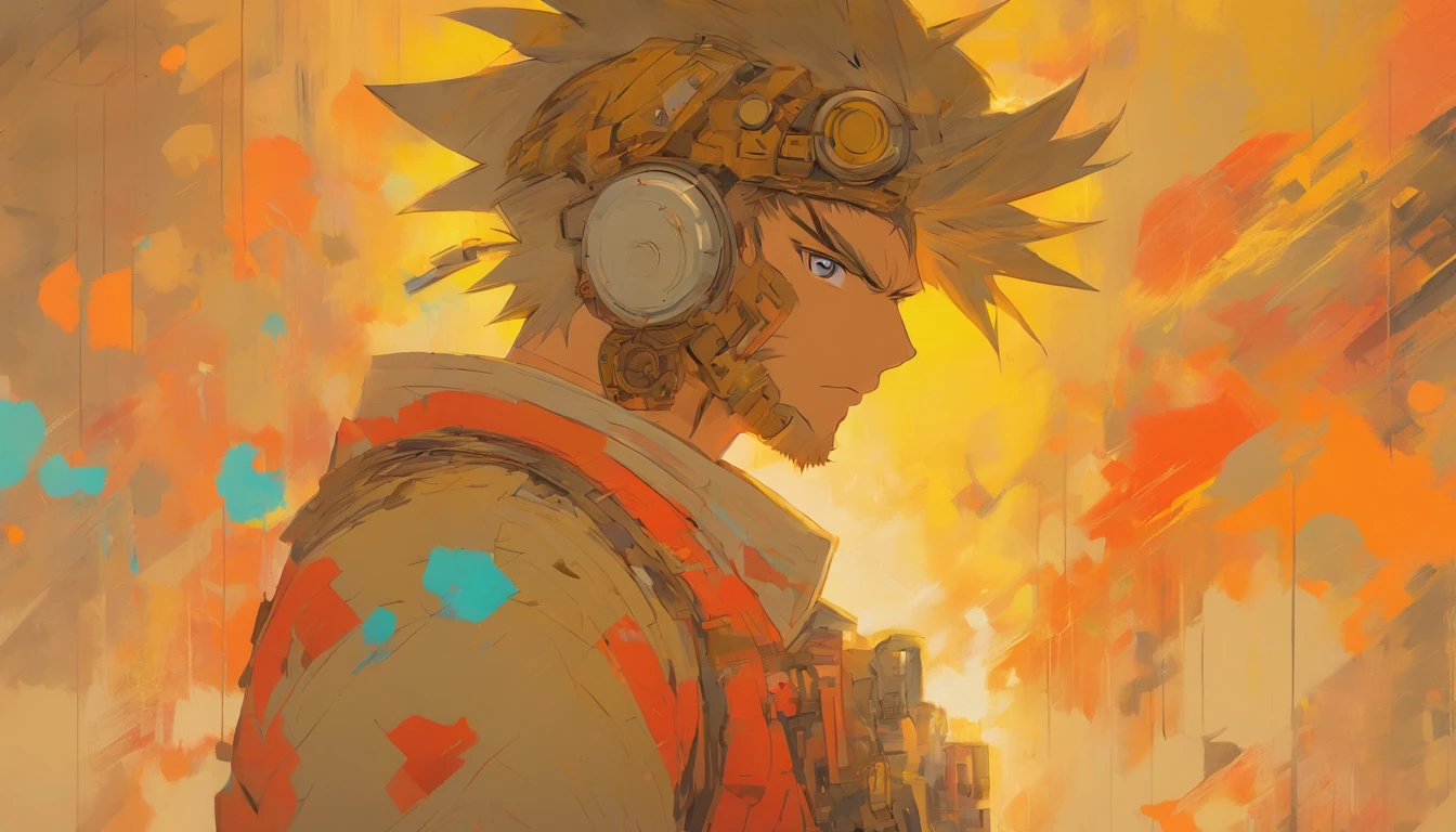 painting depicting Engineer man minimalist. The background is in contrasting harmonious colours. Harmonious colour combinations, composition, muted colours, golden details on the background, texture of large paint strokes, modern design