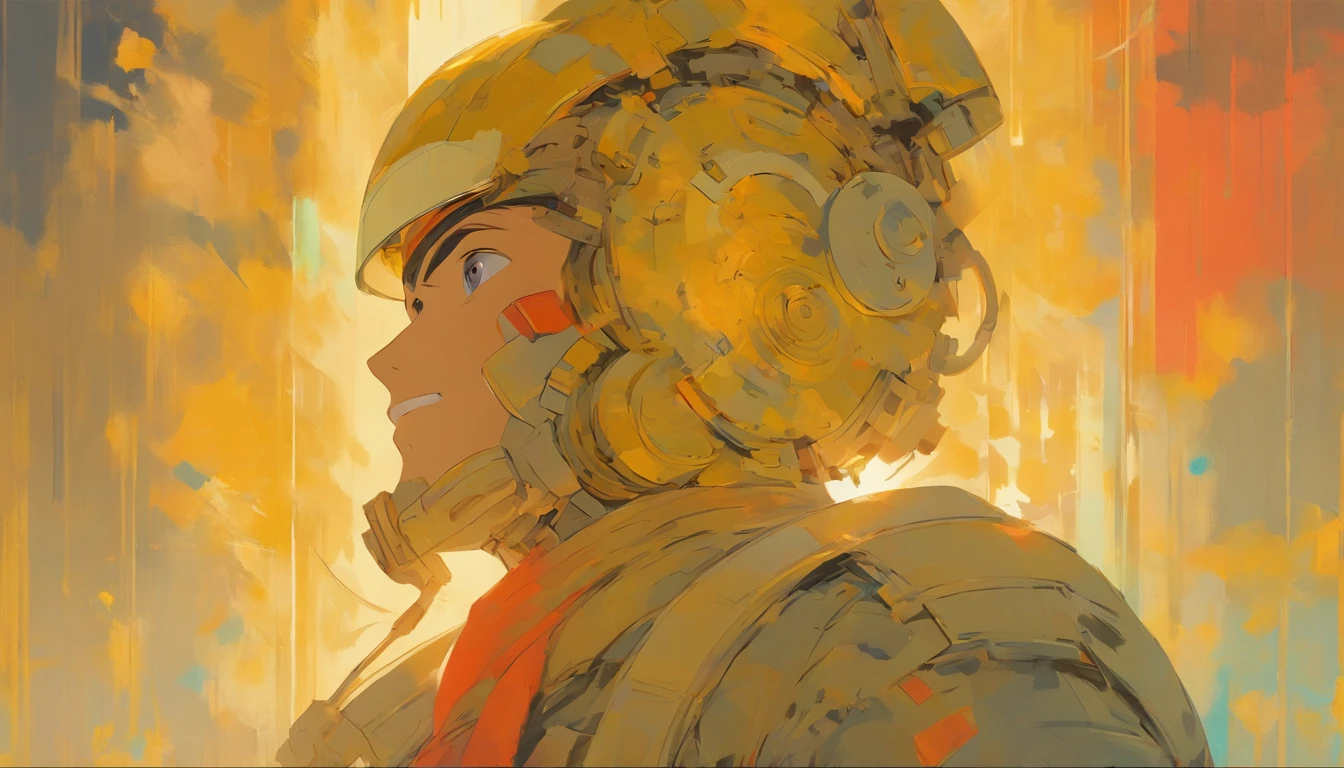 painting depicting Engineer man minimalist. The background is in contrasting harmonious colours. Harmonious colour combinations, composition, muted colours, golden details on the background, texture of large paint strokes, modern design