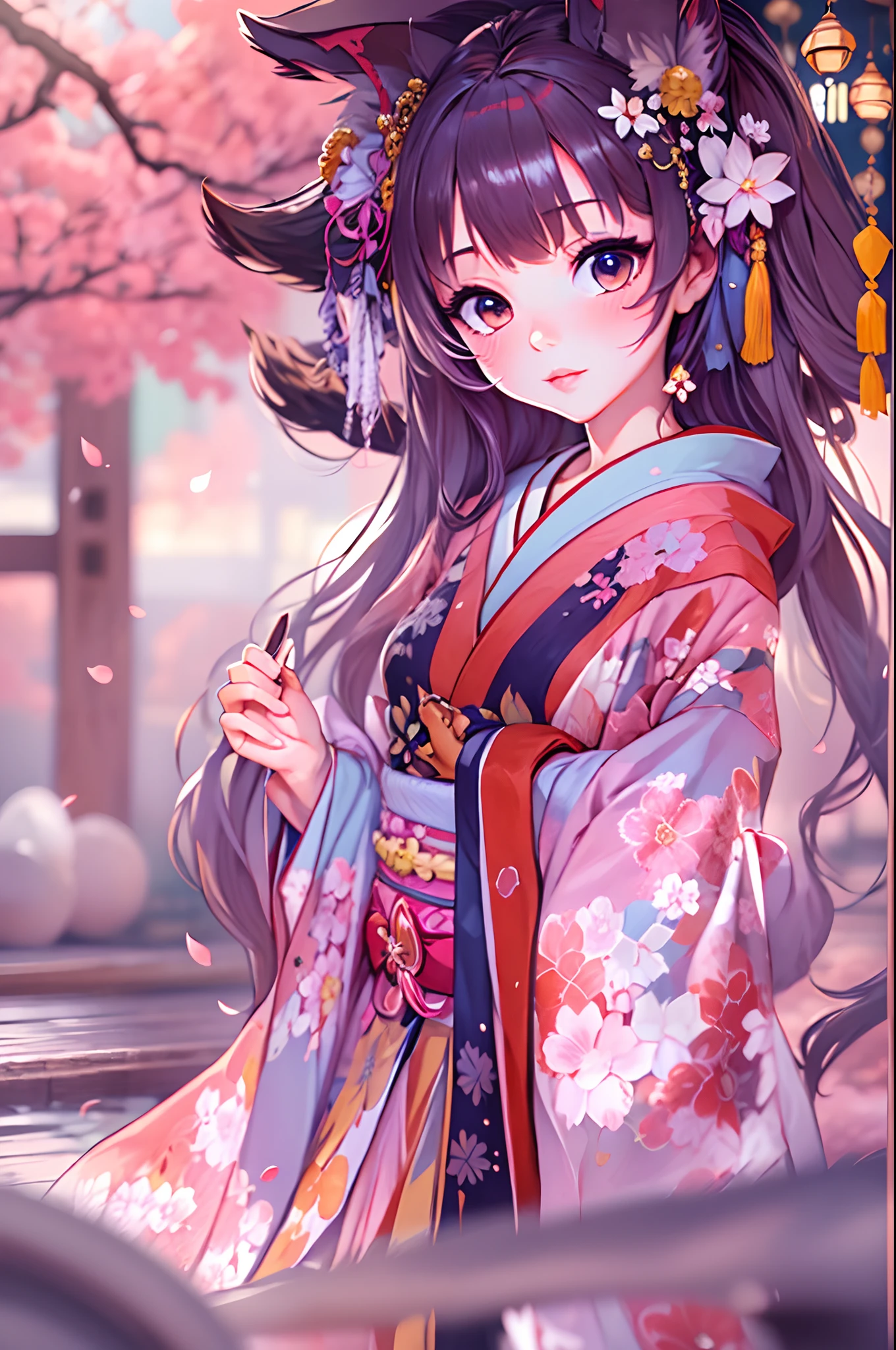 best qualit,tmasterpiece，beautifuldetails，exquisitedetails，Delicate lips，The details are complex，Realiy，Ultra photo realsisim,fox girl,kimono, splash art anime loli,Anime visuals of cute girls,