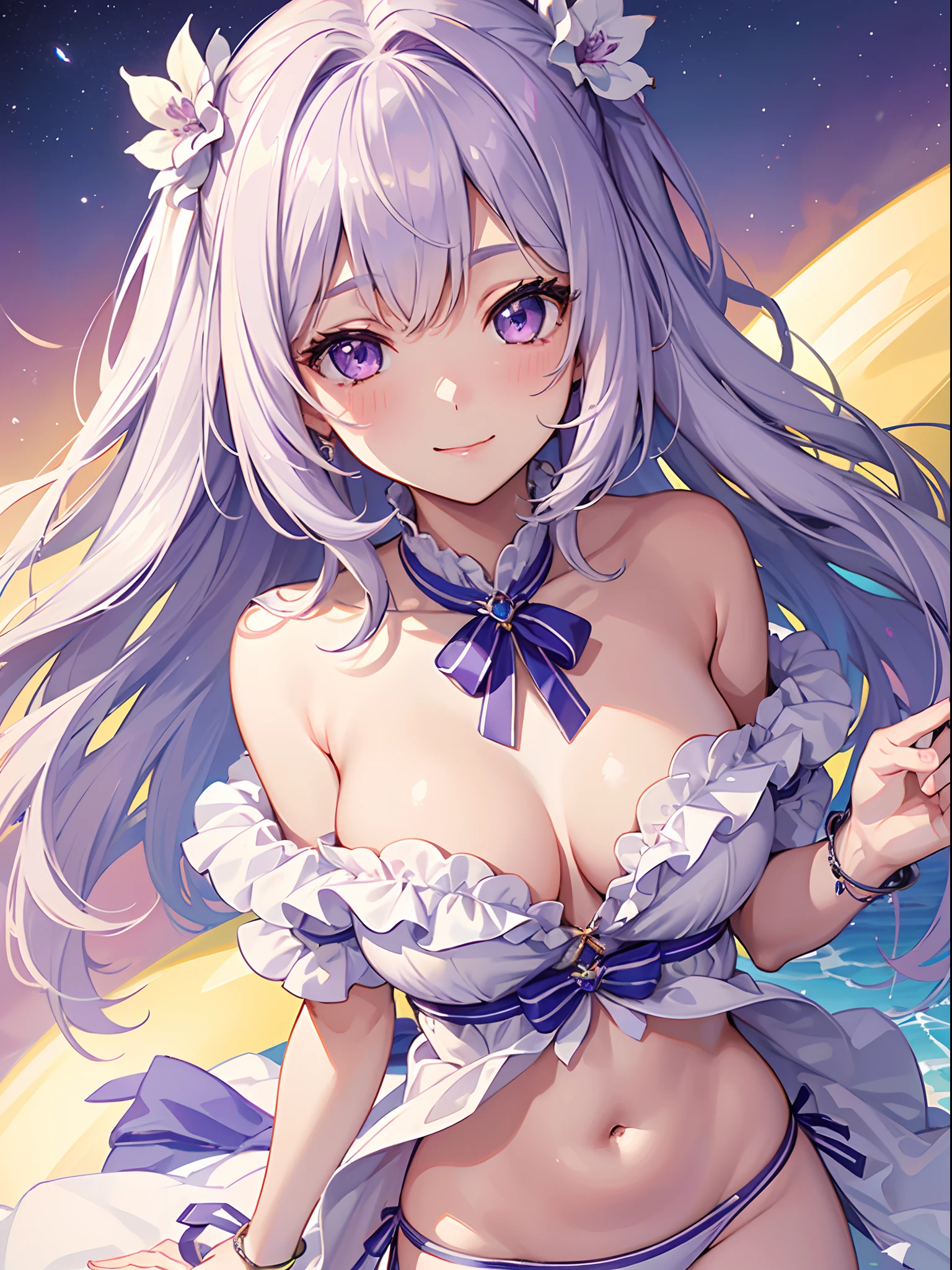 ((4K, ​master piece, Best Quality)), 1girl in, Silver medium hair, Light purple eyes, Cute, blush, medium breasts⁩, Swimsuit, Summer Smile