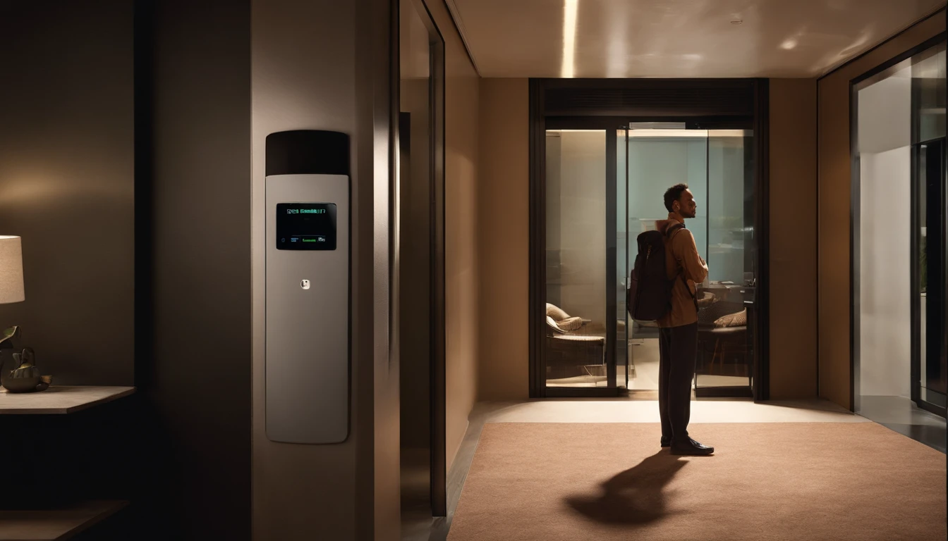 A resident stands in front of the entrance to the apartment. He holds an easy-to-read device, Devices with large buttons and high-contrast screens. Residents wear light-colored clothing，Carrying a backpack on his right shoulder. He stood in front of a glass door with a metal doorknob. Next to the door, There is a control panel with buttons and a small screen with high contrast, Appears to be an access reader. Residents appear to be entering codes or using their devices to interact with the control panel, Indicate that you intend to enter the apartment easily and conveniently.