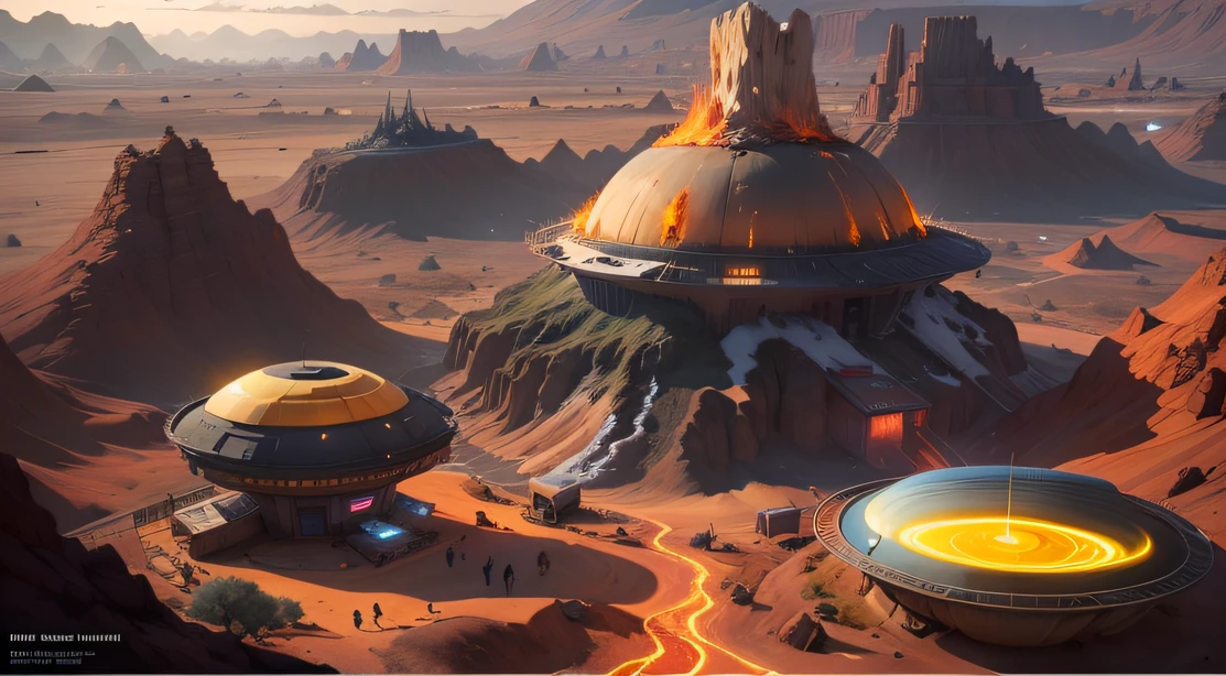 Alien Fall Base (Very detailed) In the mountainous desert，There are several exhaust fans and yellow chimneys, Some neon lights come out of the base to illuminate the dark place, (Extreme nights), Some clouds in the night sky, Some of the surrounding planets provide air to unknown planets，The farthest giant volcano is erupting