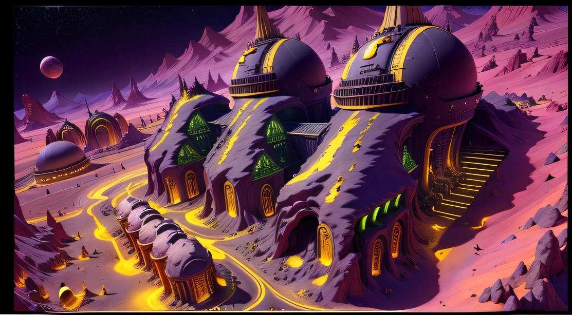 Alien Fall Base (Very detailed) In the mountainous desert，There are several exhaust fans and yellow chimneys, Some neon lights come out of the base to illuminate the dark place, (Extreme nights), Some clouds in the night sky, Some of the surrounding planets provide air to unknown planets，The farthest giant volcano is erupting
