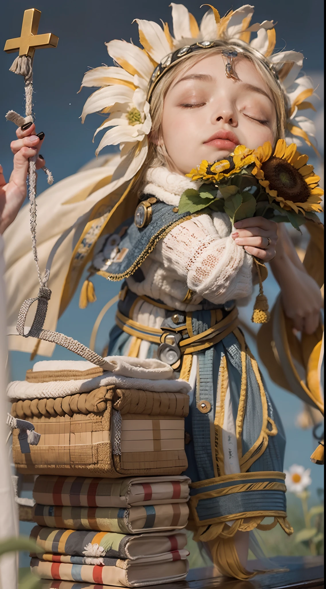 In a very grand scene,The extra-large wide-angle lens captures the appearance of a female centaur。She is a Sunflower Worship nun,Always opposed(Healing emoji smiley face of knitted sunflower puppet😊:99.99)DOA。She is tall,It has the ultimate curvy beauty,The muscles are slender and firm,Beautiful lines。She has(Super huge sky blue eyes:99.99)、always(Wearing sexy glasses:6.66)、(She wears solemn nun attire:9.9)、Stepping on a boot-style skyscraper-heel、A pink cross hangs on his chest。Use Midjourney's advanced tools,Designed for female centaurs(A knitted sunflower puppet and create a super healing cartoon smiley face in the center of the flower tray as a decoration:9.9),and noble and solemn nun costumes,and highlight her unique physiological characteristics and appearance details,Add realism。And in the context of her prayers and listening to confessions,Spectacular views of nature,Such as the sky where storms and sunny days alternate、Brilliant rivers of stars and auroras、The snow-capped summit of Mount Everest、Fireworks in the mountain town, etc。ao mesmo tempo,Away from the hustle and bustle next to the chapel,Create a fantastic scene。Use Midjourney's advanced tools and multiple color palettes、Brush Strokes、Texture tools and model packages,It shows a sense of atmosphere where beauty and charm coexist。The charm of the female centaur is highlighted through color and lines,Enhance realism with detailing,Create a surreal dreamy feeling。Additionally,Use Midjourney's tools to add various exorcism props and books to the female centaur、pergaminhos,Create intricate hairstyles and outfits,Give her a sense of premium。She never flinches,No matter what monster you encounter,can respond quickly,Even the most extreme armies of natural disasters and monsters could not stop her and her front(Sunflower with Tyndall effect that emits sunlight9.99)。Use Midjourney's powerful tools,You can do it with incredible detail and beauty,Bring this ultra-grand and beautiful scene to life。Ultra-grand sc