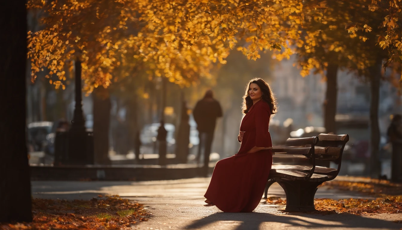 modern day,Middle aged,(Solo:1.8)40 years old women,Black one-sided hairstyle,Brown eyes,Gorgeous overhead lights,streets background,autumnal,eventide,Road,Scenic beauty,benches,Pedestrians,by passers-by,early evening,the setting sun