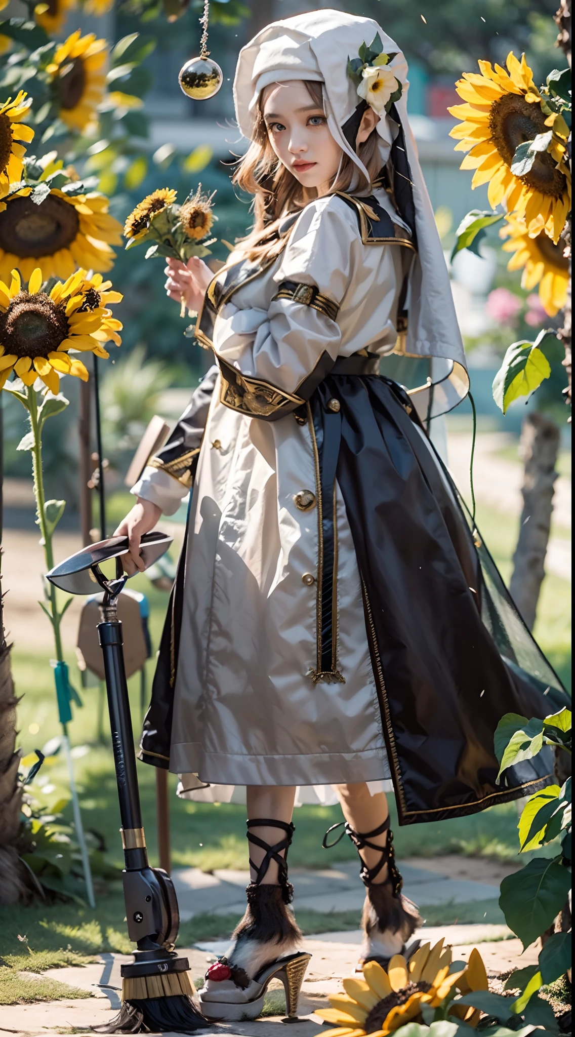 In a very grand scene,The extra-large wide-angle lens captures the appearance of a female centaur。She is a Sunflower Worship nun,Always opposed(Healing emoji smiley face of knitted sunflower puppet😊:99.99)DOA。She is tall,It has the ultimate curvy beauty,The muscles are slender and firm,Beautiful lines。She has(Super huge sky blue eyes:99.99)、always(Wearing sexy glasses:6.66)、(She wears solemn nun attire:9.9)、Stepping on a boot-style skyscraper-heel、A pink cross hangs on his chest。Use Midjourney's advanced tools,Designed for female centaurs(A knitted sunflower puppet and create a super healing cartoon smiley face in the center of the flower tray as a decoration:9.9),and noble and solemn nun costumes,and highlight her unique physiological characteristics and appearance details,Add realism。And in the context of her prayers and listening to confessions,Spectacular views of nature,Such as the sky where storms and sunny days alternate、Brilliant rivers of stars and auroras、The snow-capped summit of Mount Everest、Fireworks in the mountain town, etc。ao mesmo tempo,Away from the hustle and bustle next to the chapel,Create a fantastic scene。Use Midjourney's advanced tools and multiple color palettes、Brush Strokes、Texture tools and model packages,It shows a sense of atmosphere where beauty and charm coexist。The charm of the female centaur is highlighted through color and lines,Enhance realism with detailing,Create a surreal dreamy feeling。Additionally,Use Midjourney's tools to add various exorcism props and books to the female centaur、pergaminhos,Create intricate hairstyles and outfits,Give her a sense of premium。She never flinches,No matter what monster you encounter,can respond quickly,Even the most extreme armies of natural disasters and monsters could not stop her and her front(Sunflower with Tyndall effect that emits sunlight9.99)。Use Midjourney's powerful tools,You can do it with incredible detail and beauty,Bring this ultra-grand and beautiful scene to life。Ultra-grand sc