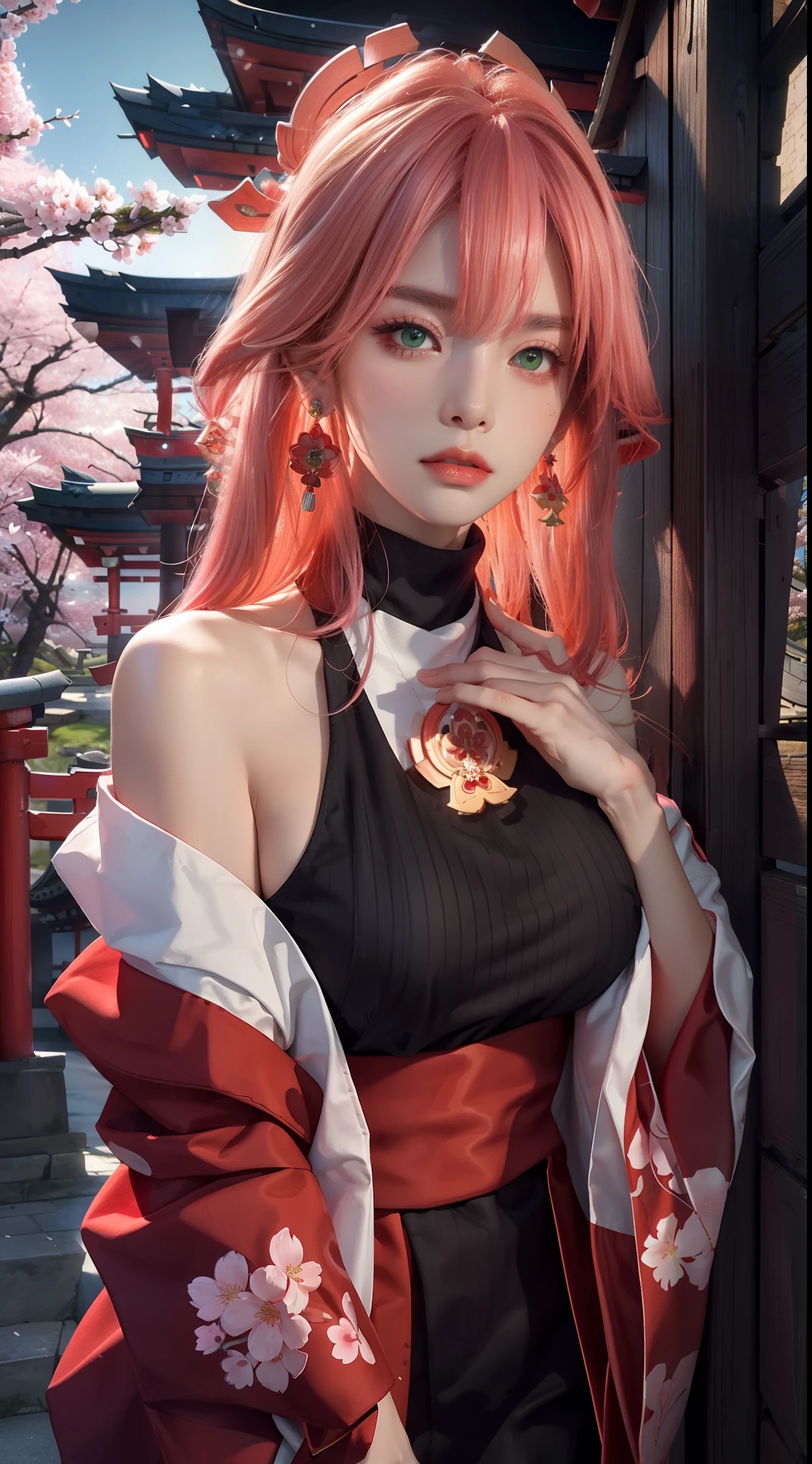 (Masterpiece, Excellent, 1girl, solo, complex details, color difference), realism, ((medium breath)), off-the-shoulders, big breasts, sexy, Yae Miko, long pink hair, red headdress, red highlight, hair above one eye, green eyes, earrings, sharp eyes, perfectly symmetrical figure, choker, neon shirt, open jacket, turtleneck sweater, against the wall, brick wall, graffiti, dim lighting, alley, looking at the audience, ((mean, seductive, charming)), ((cherry blossom background ))),((Japanese temple background)))), (((Glow-in-the-dark background)))