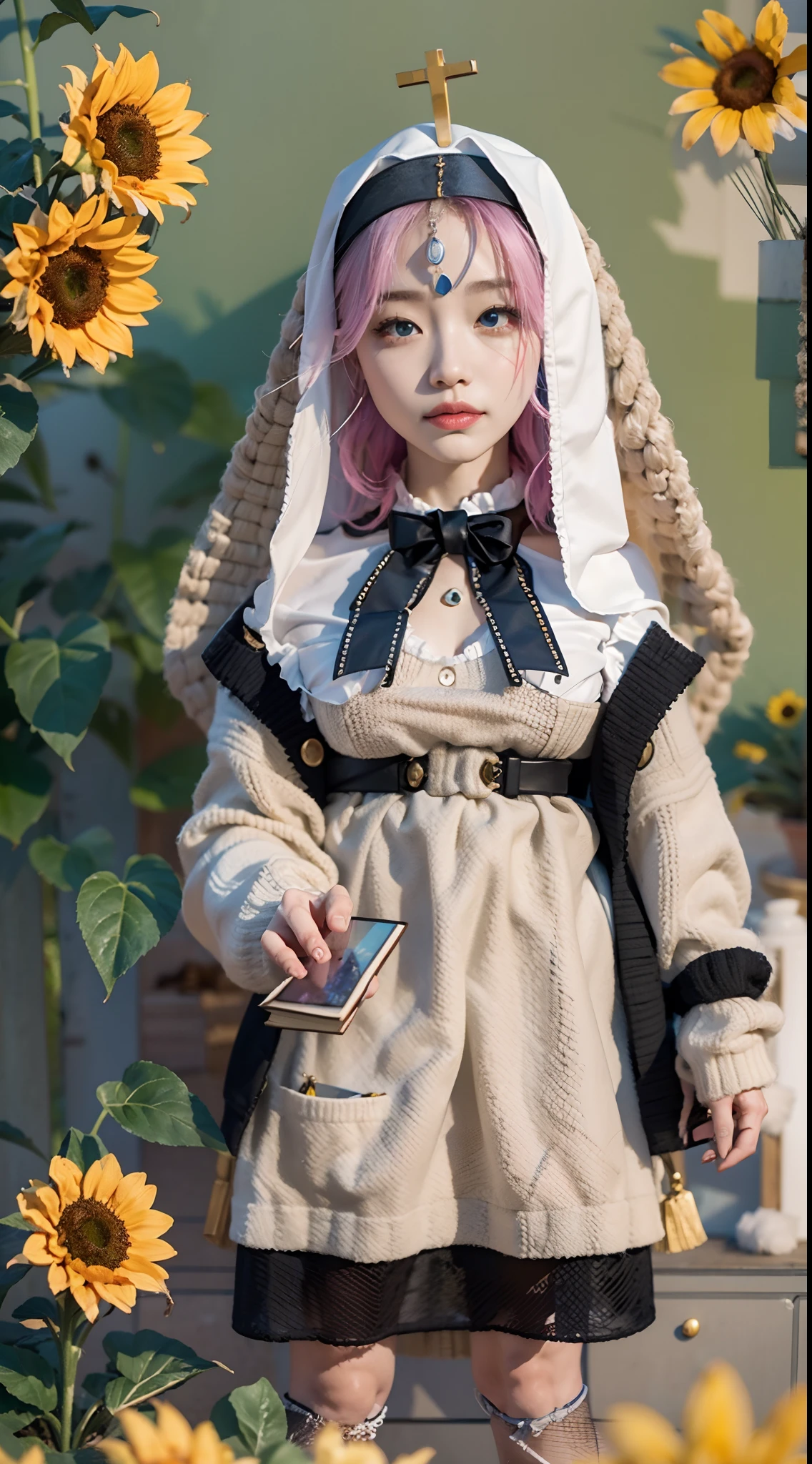 In a very grand scene,The extra-large wide-angle lens captures the appearance of a female centaur。She is a Sunflower Worship nun,Always opposed(Healing emoji smiley face of knitted sunflower puppet😊:99.99)DOA。She is tall,It has the ultimate curvy beauty,The muscles are slender and firm,Beautiful lines。She has(Super huge sky blue eyes:99.99)、always(Wearing sexy glasses:6.66)、(She wears solemn nun attire:9.9)、Stepping on a boot-style skyscraper-heel、A pink cross hangs on his chest。Use Midjourney's advanced tools,Designed for female centaurs(A knitted sunflower puppet and create a super healing cartoon smiley face in the center of the flower tray as a decoration:9.9),and noble and solemn nun costumes,and highlight her unique physiological characteristics and appearance details,Add realism。And in the context of her prayers and listening to confessions,Spectacular views of nature,Such as the sky where storms and sunny days alternate、Brilliant rivers of stars and auroras、The snow-capped summit of Mount Everest、Fireworks in the mountain town, etc。ao mesmo tempo,Away from the hustle and bustle next to the chapel,Create a fantastic scene。Use Midjourney's advanced tools and multiple color palettes、Brush Strokes、Texture tools and model packages,It shows a sense of atmosphere where beauty and charm coexist。The charm of the female centaur is highlighted through color and lines,Enhance realism with detailing,Create a surreal dreamy feeling。Additionally,Use Midjourney's tools to add various exorcism props and books to the female centaur、pergaminhos,Create intricate hairstyles and outfits,Give her a sense of premium。She never flinches,No matter what monster you encounter,can respond quickly,Even the most extreme armies of natural disasters and monsters could not stop her and her front(Sunflower with Tyndall effect that emits sunlight9.99)。Use Midjourney's powerful tools,You can do it with incredible detail and beauty,Bring this ultra-grand and beautiful scene to life。Ultra-grand sc