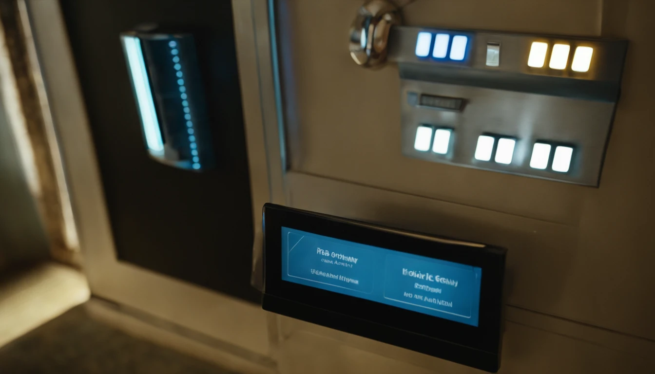 A resident stands in front of the entrance to the apartment. He holds an easy-to-read device, Devices with large buttons and high-contrast screens. Residents wear light-colored clothing，Carrying a backpack on his right shoulder. He stood in front of a glass door with a metal doorknob。. Next to the door, There is a control panel with buttons and a small screen with high contrast, Appears to be an access reader. Residents appear to be entering codes or using their devices to interact with the control panel, Indicate that you intend to enter the apartment easily and conveniently.