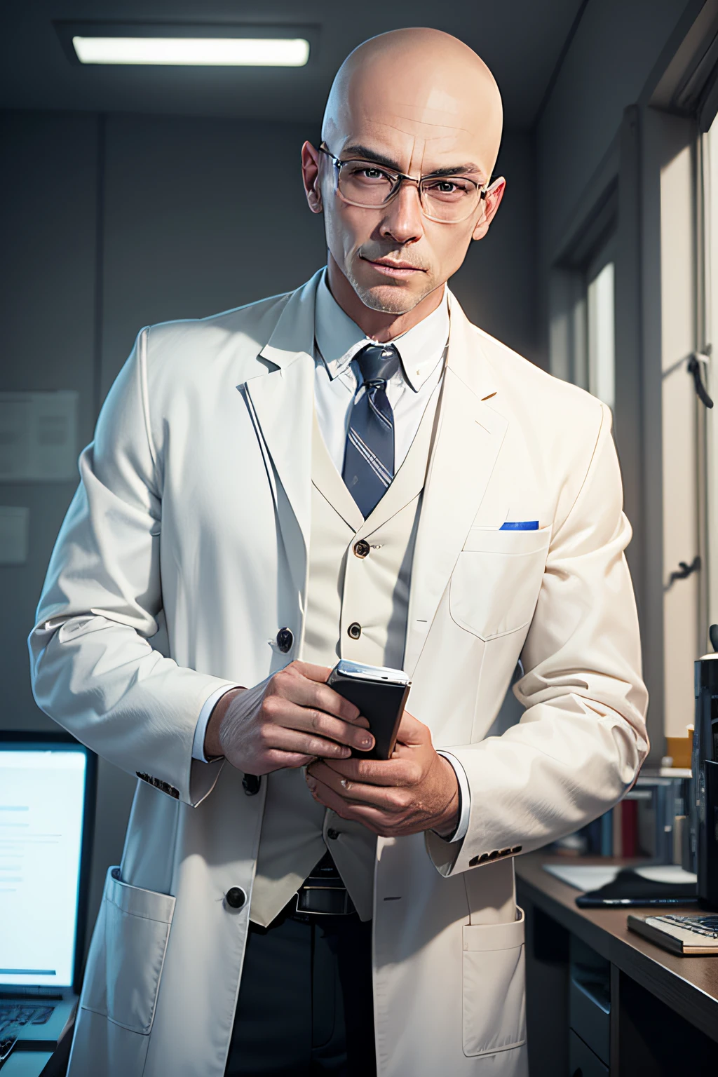 prof Jhon Walker who is a scientist with skinhead and wear white coat --auto