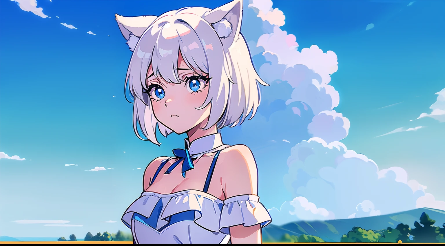 High quality, 1girl, ((((Candy Candy anime coloring)))), (wolf girl, wolf ears, wolf tail), animal ears, ((((short hair)))), ((silver white hair)), hair clip, ((hair tap eye)), ((blue eyes)), long eyeslashes, eyeliner, (((small breasts, long old west, long old dress, bare shoulders))), solo, ((standing)), ((worried, sad expression, melancholic, look blue eyes)), portrait, close-up, (field background, sky, clouds), face, closed_mouth, blush, anime_coloring, eyelashes, shiny, detailed shadows, detailded eyes, (((Manga style, Manga coloring))).