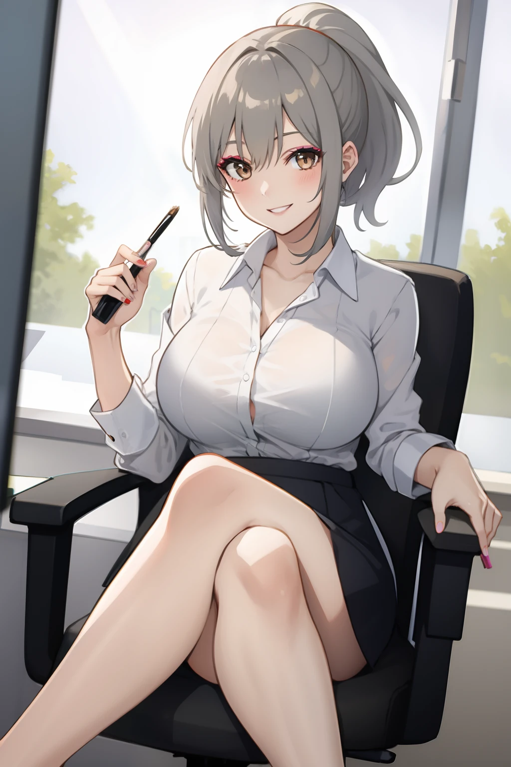 One girl, ponytail, short hair, grey hair, brown eyes, makeup, happy smile, big breasts, crossed legs, office