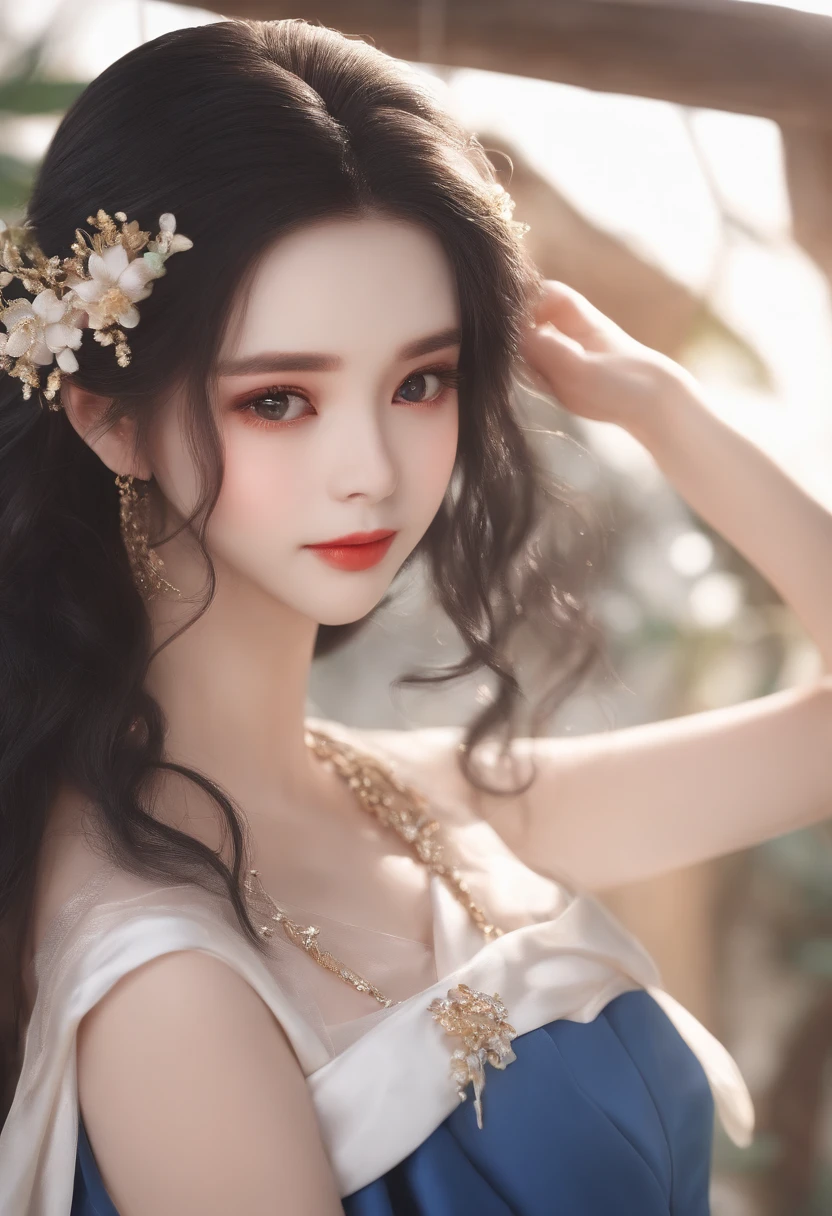 morena，Very smooth hair，In a blue sailor suit，Qianqian's Jade Hand，smiles softly，blush on the face，Soft eyes，Looks big-breasted，Looks dark，Very beautiful，Tough temperament，This is a cute girl