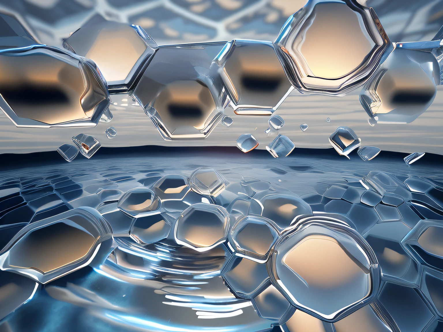 hexagons,Liquid metal, reflective surface, 3 d fluid simulation render, Wet metal reflection, hexagons, liquid polished metal, Caustic reflections