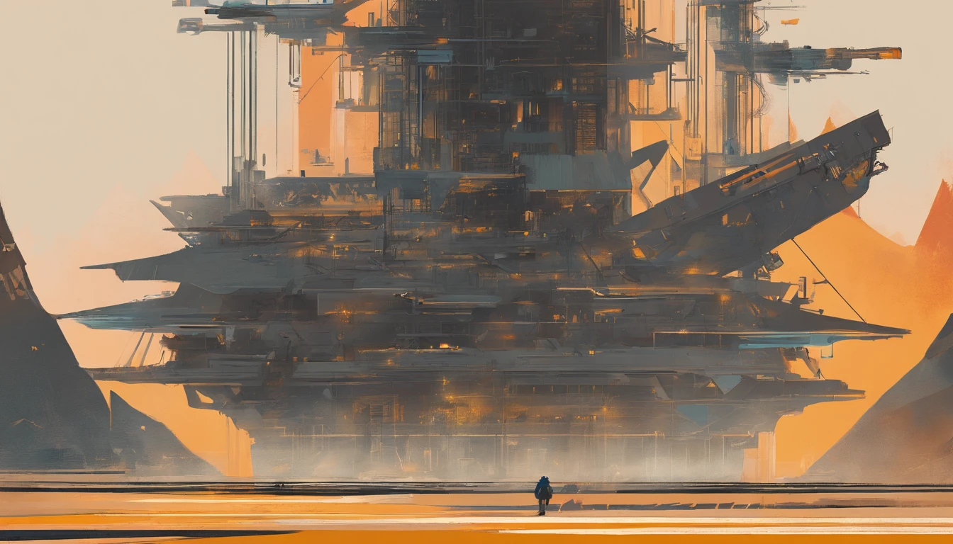 painting depicting Engineers minimalist. The background is in contrasting harmonious colours. Harmonious colour combinations, composition, muted colours, golden details on the background, texture of large paint strokes, modern design