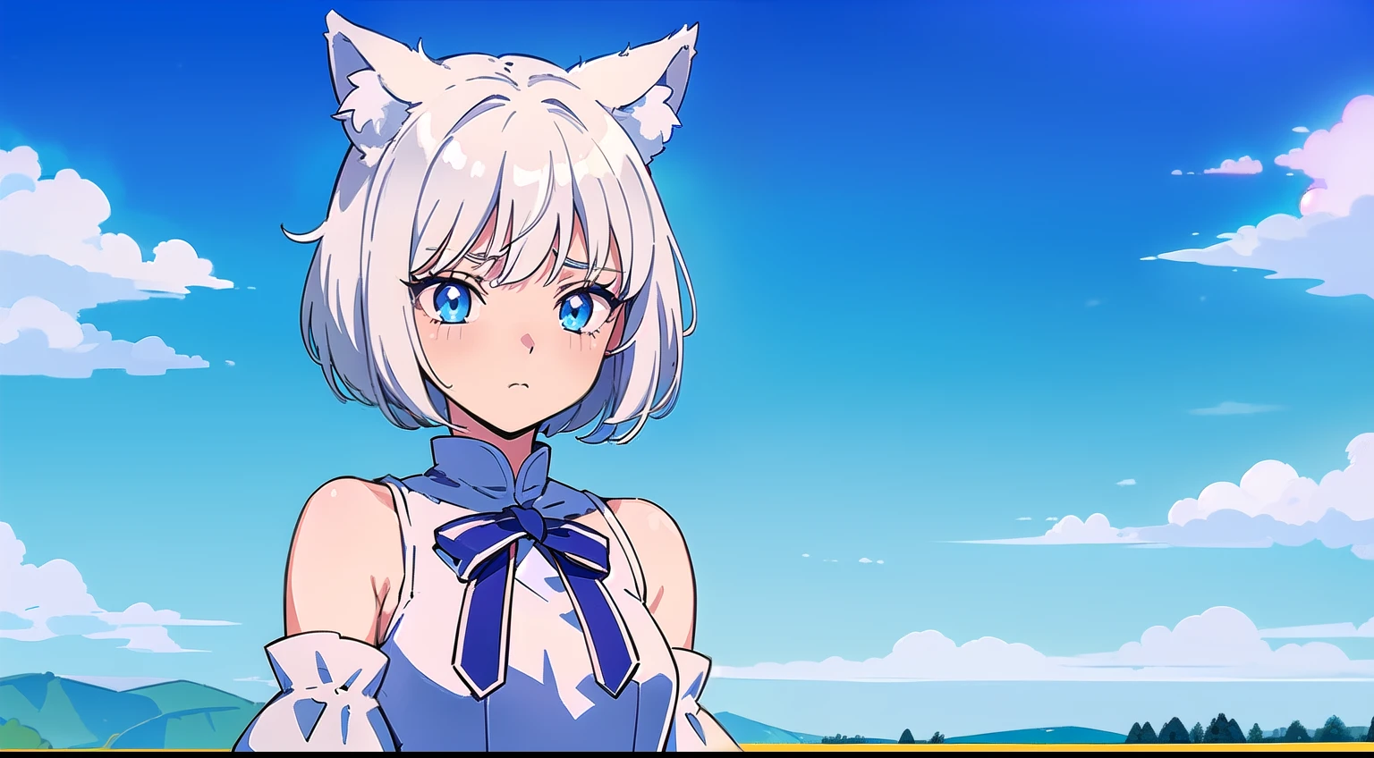 High quality, 1girl, ((((Candy Candy anime coloring)))), (wolf girl, wolf ears, wolf tail), animal ears, ((((short hair)))), ((silver white hair)), hair clip, ((hair tap eye)), ((blue eyes)), long eyeslashes, eyeliner, (((small breasts, long old west, long old dress, bare shoulders))), solo, ((standing)), ((worried, sad expression, melancholic, look blue eyes)), portrait, close-up, (field background, sky, clouds), face, closed_mouth, blush, anime_coloring, eyelashes, shiny, detailed shadows, detailded eyes, (((Manga style, Manga coloring))).