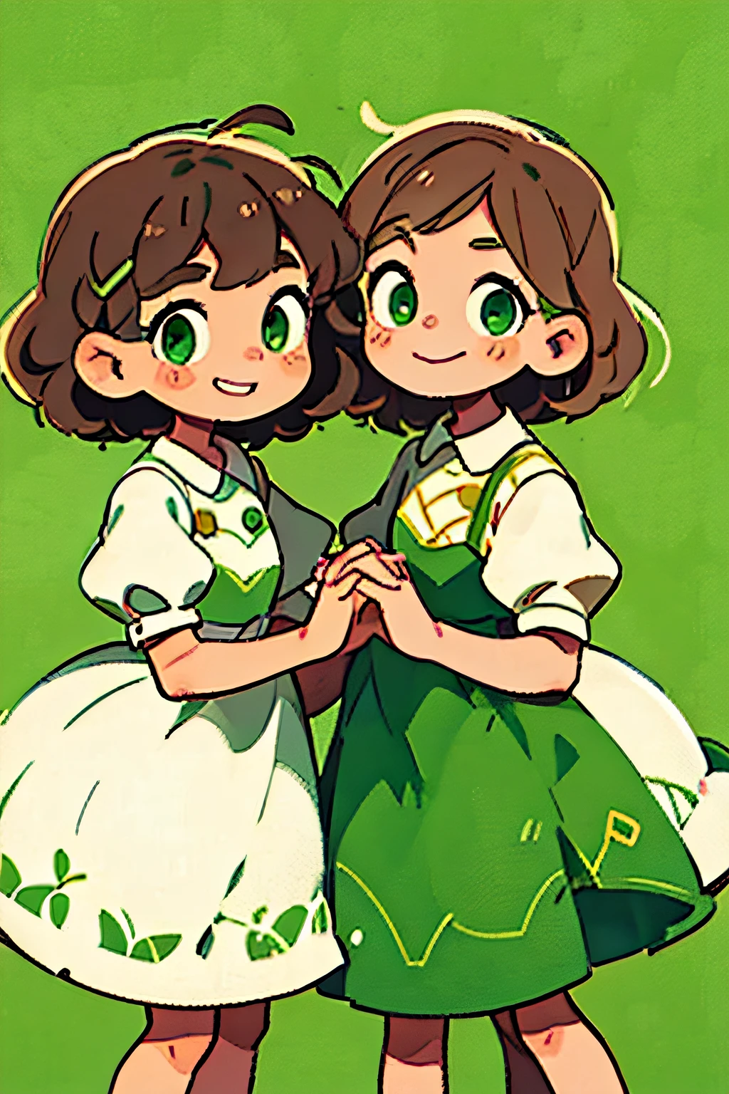 Two girls holding hands in white dresses, one has dark blond hair and green eyes, and the other has light brown hair and green eyes, smiling;