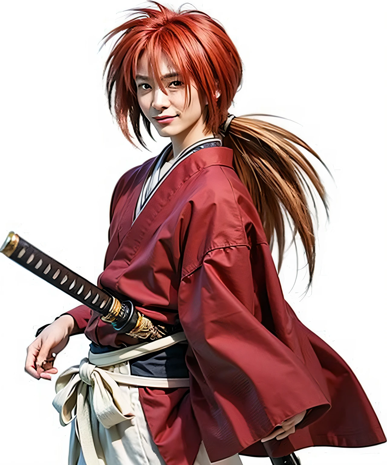 A Japanese man smiling with red hair and red kimono and a samurai sword, high quality, detailed face