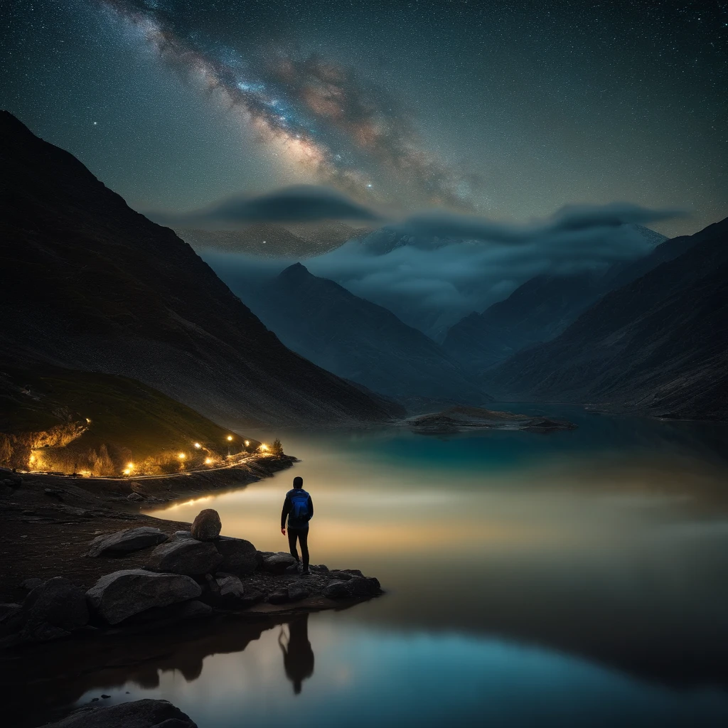 Master Parts、Superior Quality、superior image quality、The 8k quality、Beautiful pictures of the starry sky、magnifica、Arched Milky Way:1.9、Himalayas、Blue glowing lake:1.9