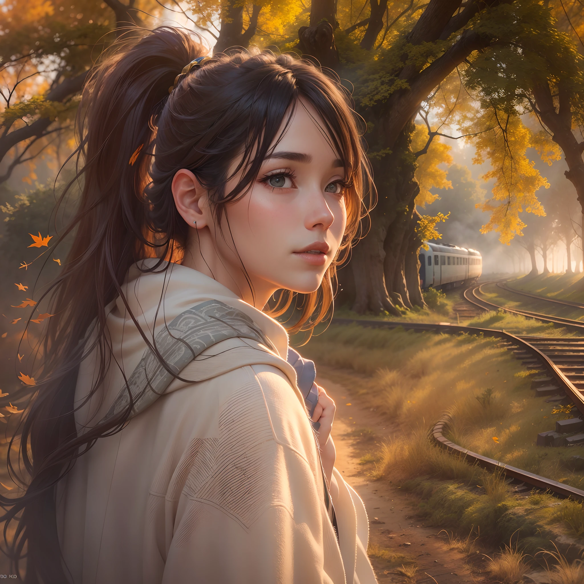 (best quality,4k,8k,highres,masterpiece:1.2),ultra-detailed,beautiful detailed face,longeyelashes,(realistic,photorealistic,photo-realistic:1.37),portrait,close-up,tree house,nearby a girl,sitting,side profile,tree branches surrounding,far-off background,railroad tracks,train passing by,motion blur,lush mature rice fields,white smoke emanating,autumn,fall,golden hour,vivid colors,serene lighting.