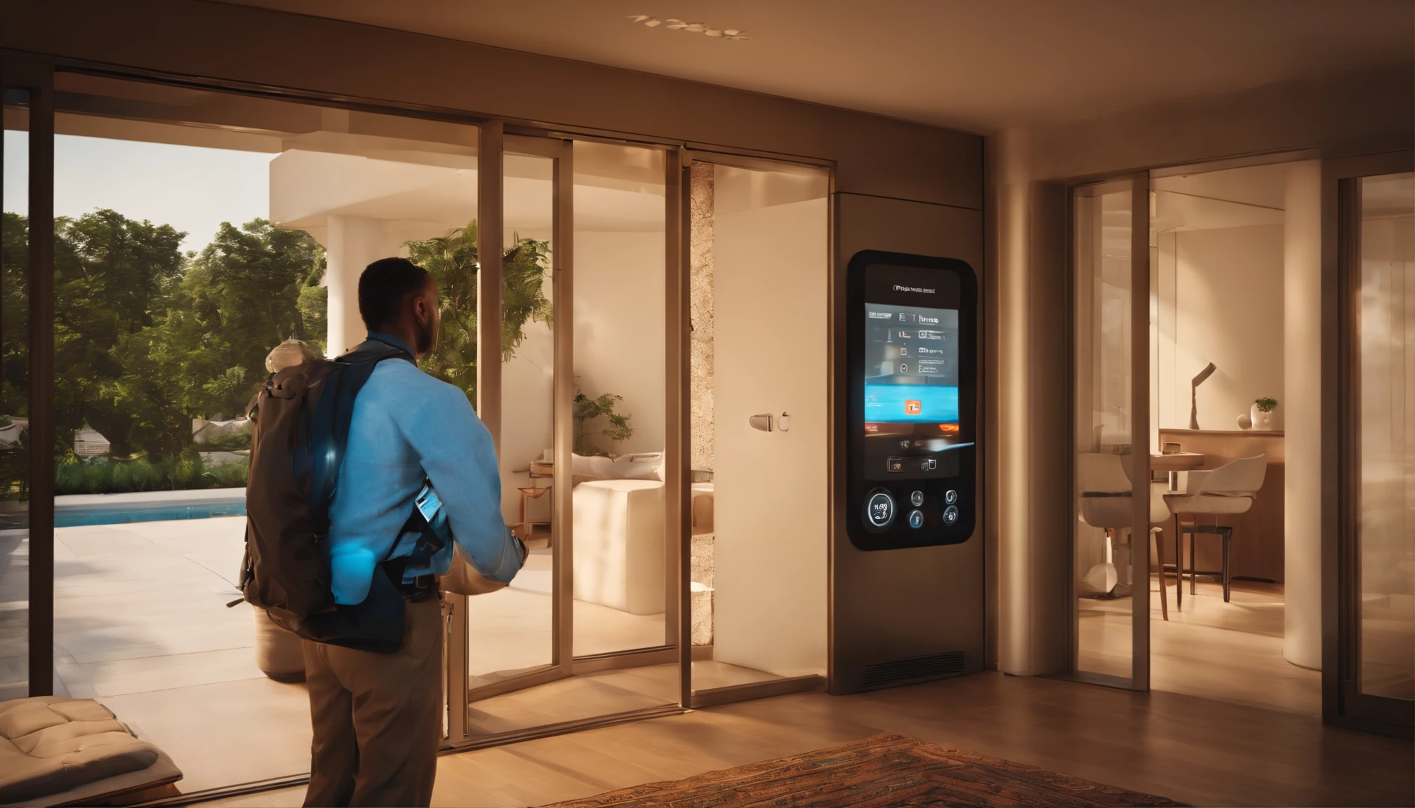 A resident stands in front of the entrance to the apartment. He holds an easy-to-read device, Devices with large buttons and high-contrast screens. Residents wear light-colored clothing，Carrying a backpack on his right shoulder. He stood in front of a glass door with a metal doorknob. Next to the door, There is a control panel with buttons and a small screen with high contrast, Appears to be an access reader. Residents appear to be entering codes or using their devices to interact with the control panel, Indicate that you intend to enter the apartment easily and conveniently.