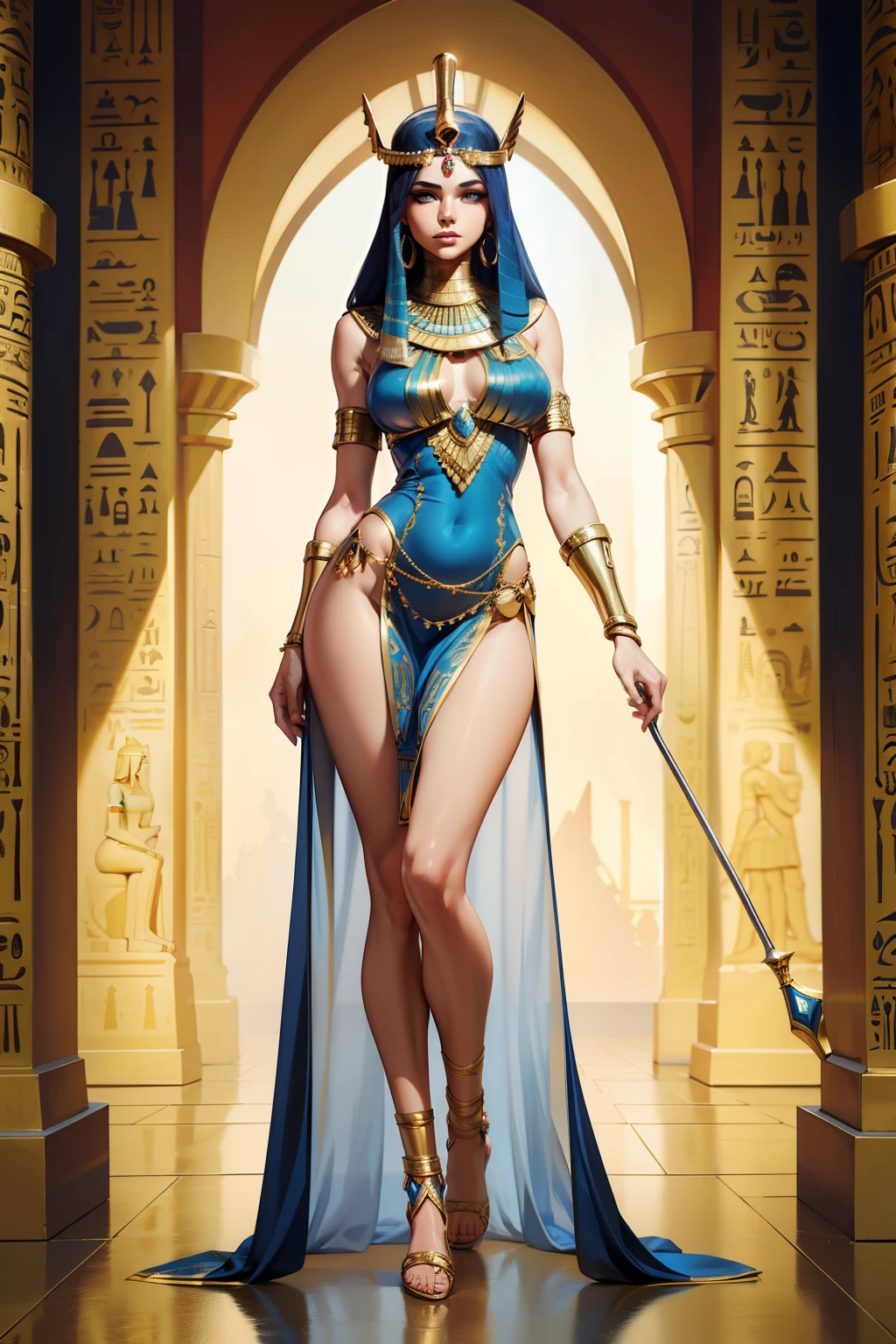 master-piece,Egypt, Goddess of Beauty,Full body pose,Full Egyptian dress,Two-handed scepter, Dress Details, Full body pose,With a well-proportioned body..,Slender Legs,face detail,Body parts details,8k Wallpaper