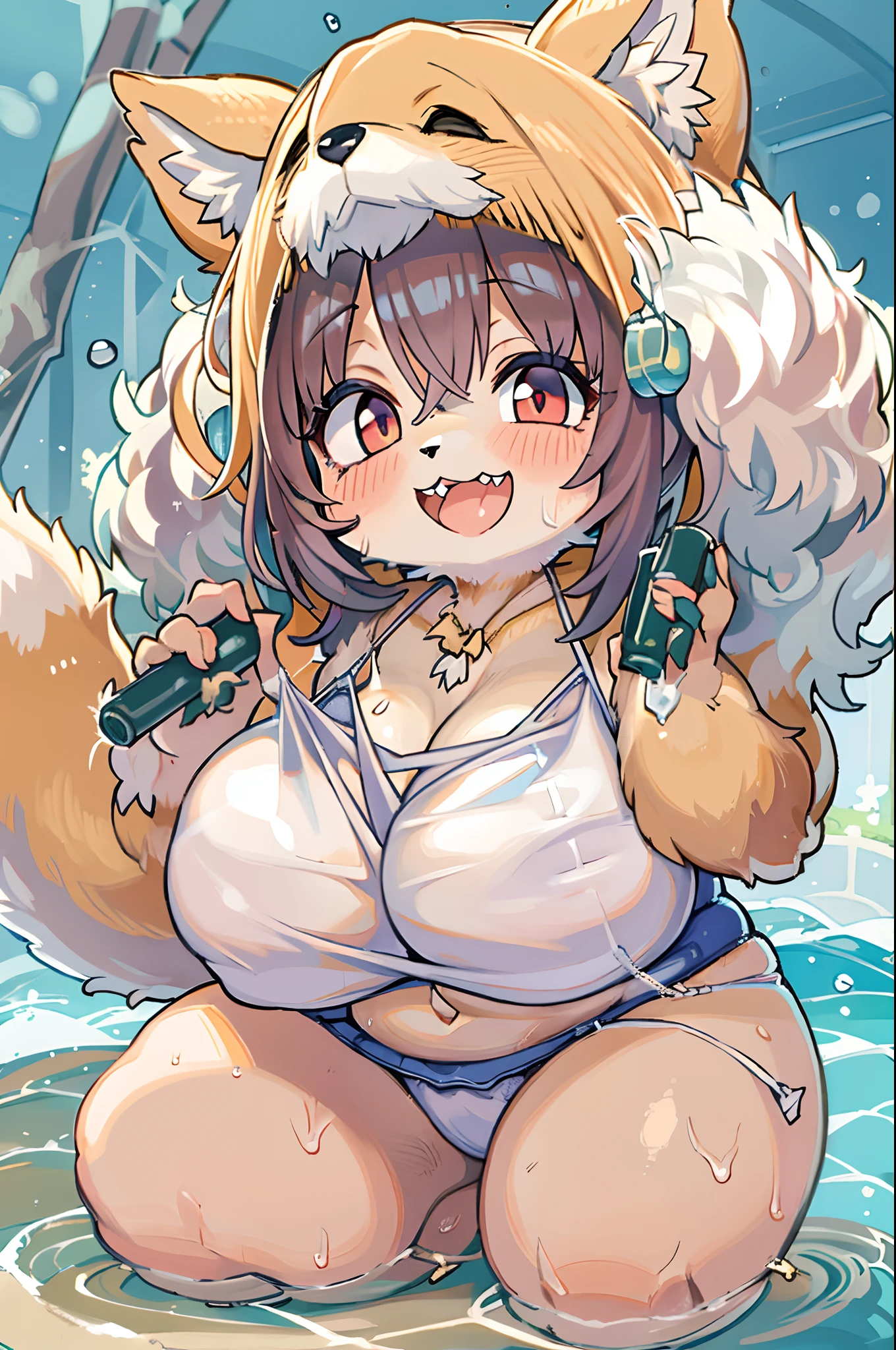 Fox Woman、1girl in、body covered with fur、huge-breasted、kawaii、(((School swim wear)))、summer day、From below、A big smile、bbw,Chibi,