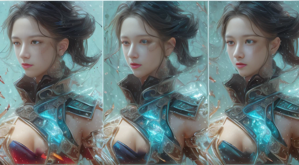 8k,复杂,ellegance,highly detailed,A majestic,digital photography,Autumn cowboy shot,surrealism painting,Broken rubies,Beating magic,Entwined water magic,(tmasterpiece,Sideslit,Fine beautiful eyes:1.2),HDR,Void 5 Energy Storm,(ChineseGirl,Black eyes:1.5),paleskin,Glowing skin,(sitting on the stone:1.5),delicated face,black color hair,Wearing palatial red armor,cropped shoulders,nabel,short skirt,Beautiful light blue armor,rained,big breasts beautiful,looking at viewert,Face away from the camera,tmasterpiece,The upper part of the body,
